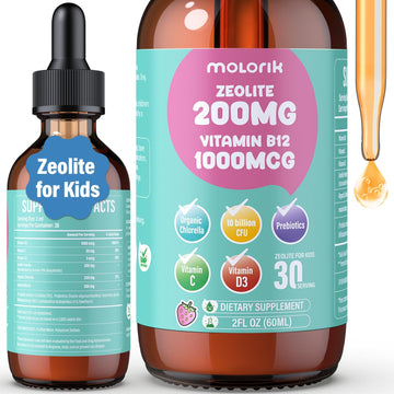 Zeolite Detox for Kids and Adults, 200mg Zeolite Liquid Drops with 1000mcg Vitamin B12, Organic Chlorella, 10 billion CFU & Prebiotics for Gut Support & Speech, Immune, Bone, Energy*, Strawberry, 60ML molorik pure uk supplements