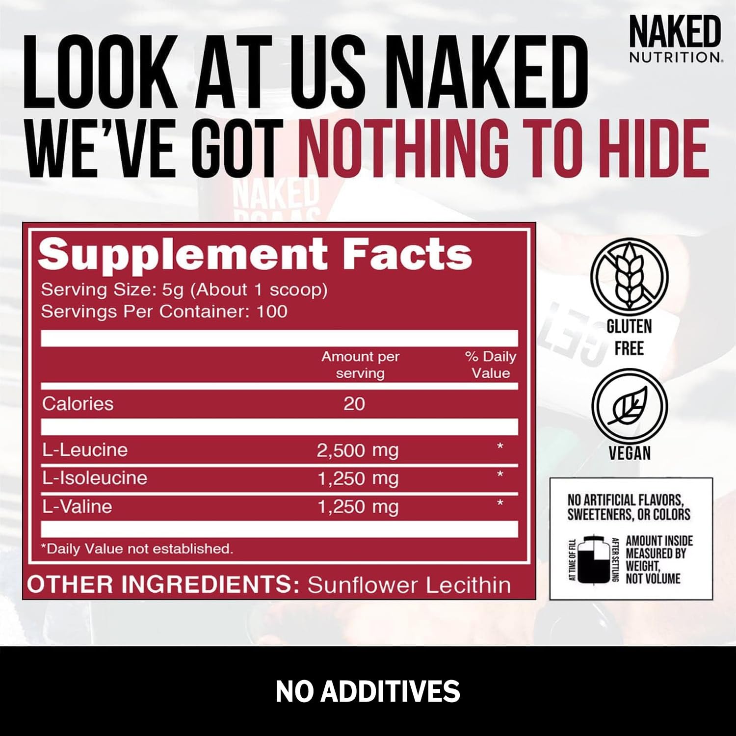NAKED BCAAs Amino Acids Powder, Only 1 Ingredient, Pure 2:1:1 Formula, Vegan Unflavored Branched Chain Amino Acids, Instantized All Natural BCAA Supplement - 500 Grams, 100 Servings NAKED uk supplements