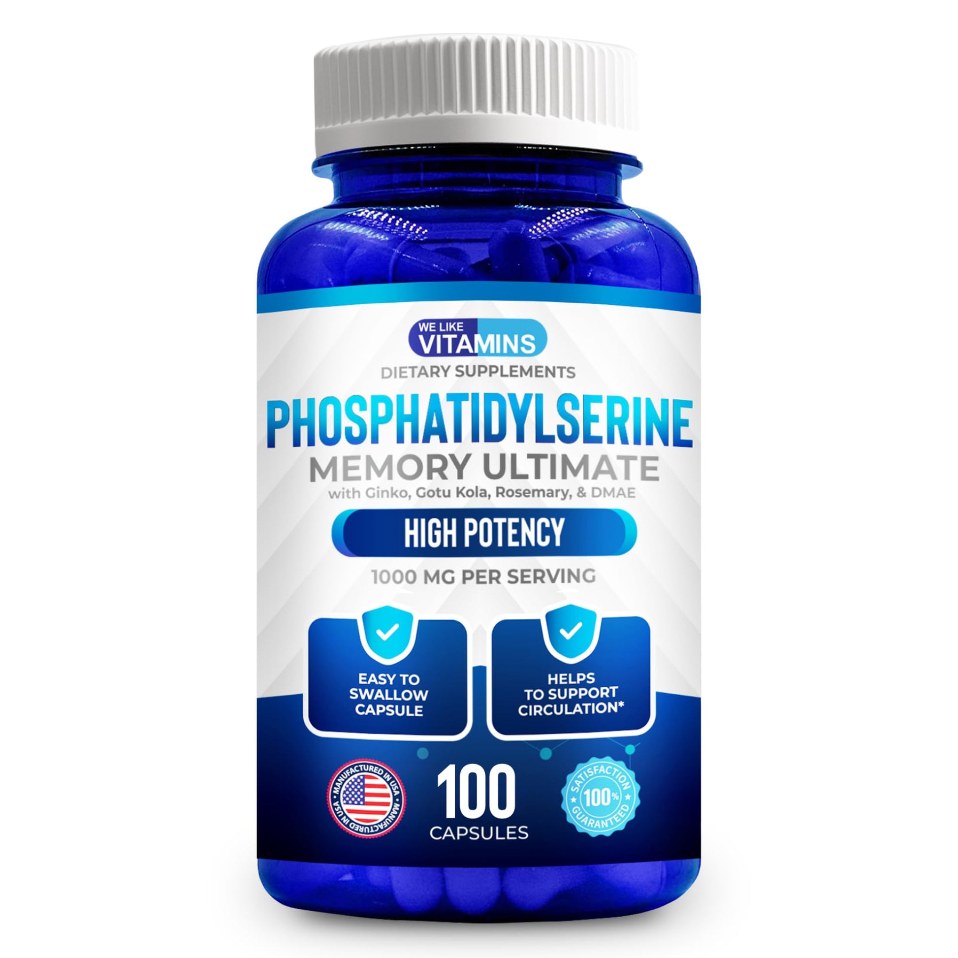 We Like Vitamins Phosphatidylserine Supplement with Gingko Biloba, Gotu Kola, DMAE - Improves Focus, Memory, Cognitive Function - Soy-Free 1000mg Memory Ultimate Complex - 100 Easy-to-Swallow Capsules We Like Vitamins uk supplements