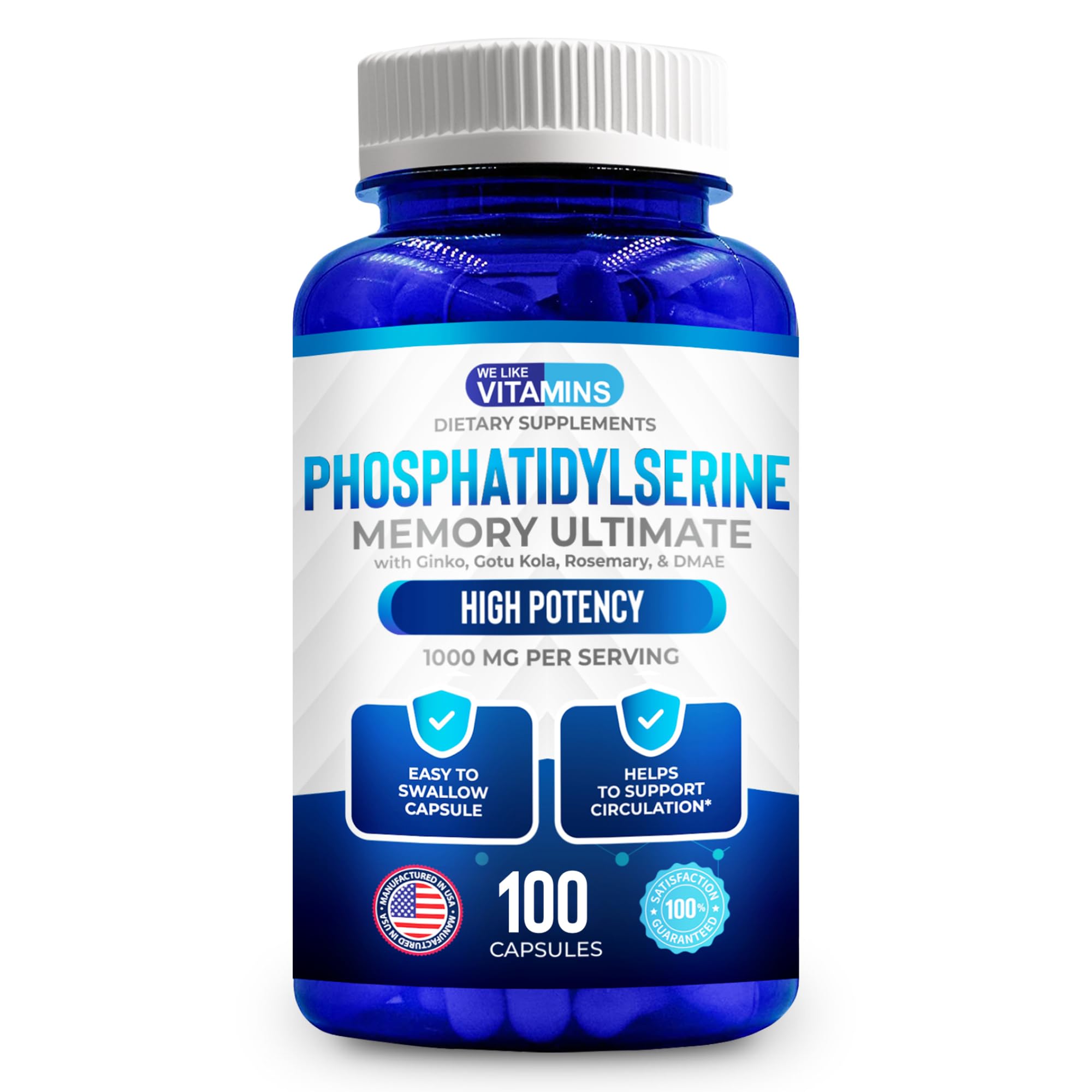 We Like Vitamins Phosphatidylserine Supplement with Gingko Biloba, Gotu Kola, DMAE - Improves Focus, Memory, Cognitive Function - Soy-Free 1000mg Memory Ultimate Complex - 100 Easy-to-Swallow Capsules We Like Vitamins uk supplements