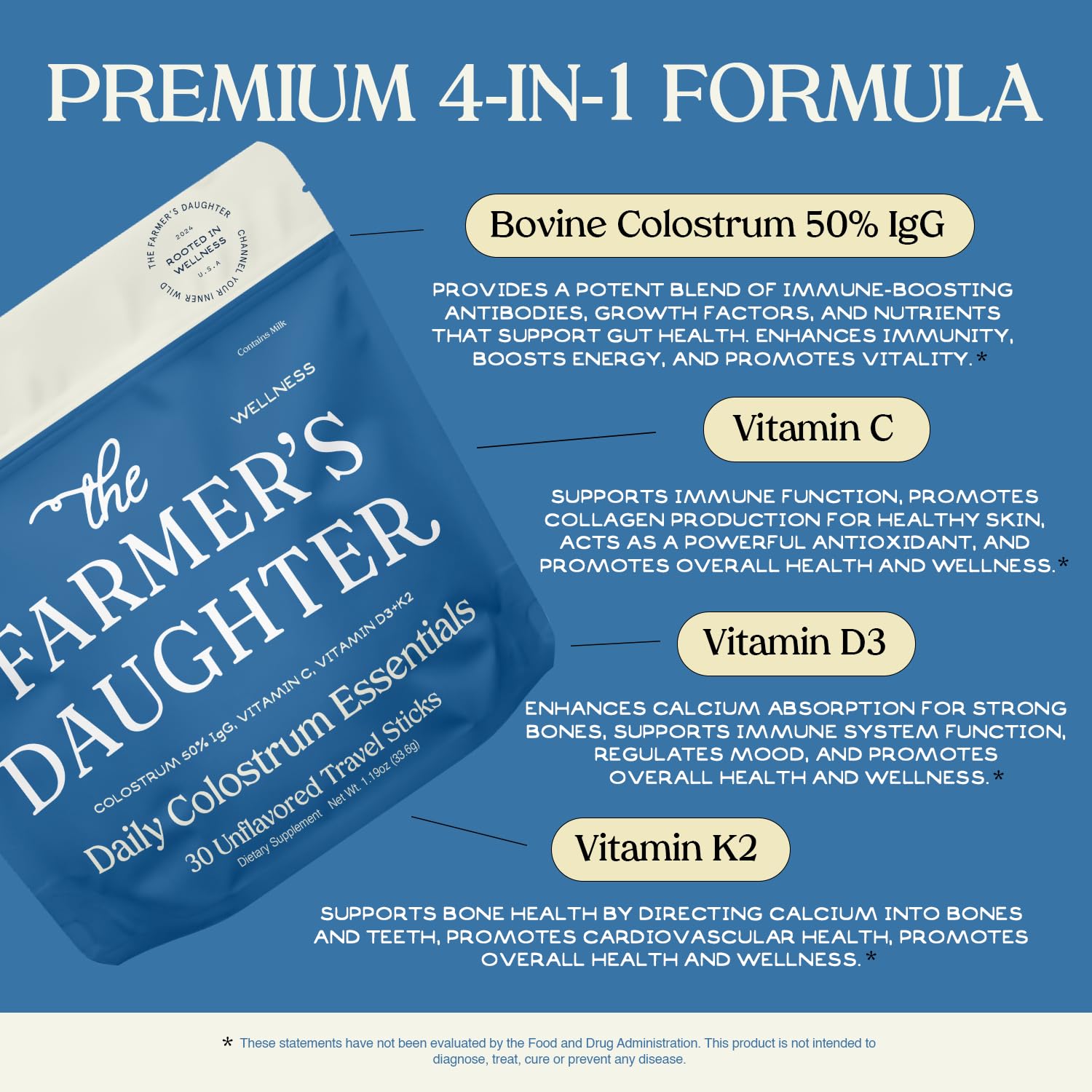 THE FARMER'S DAUGHTER Colostrum Powder | Unflavored | Gut Health & Bloating | Hair, Skin & Nails | Immunity Supplement | 30 Individual Travel Stick Packs THE FARMER'S DAUGHTER uk supplements