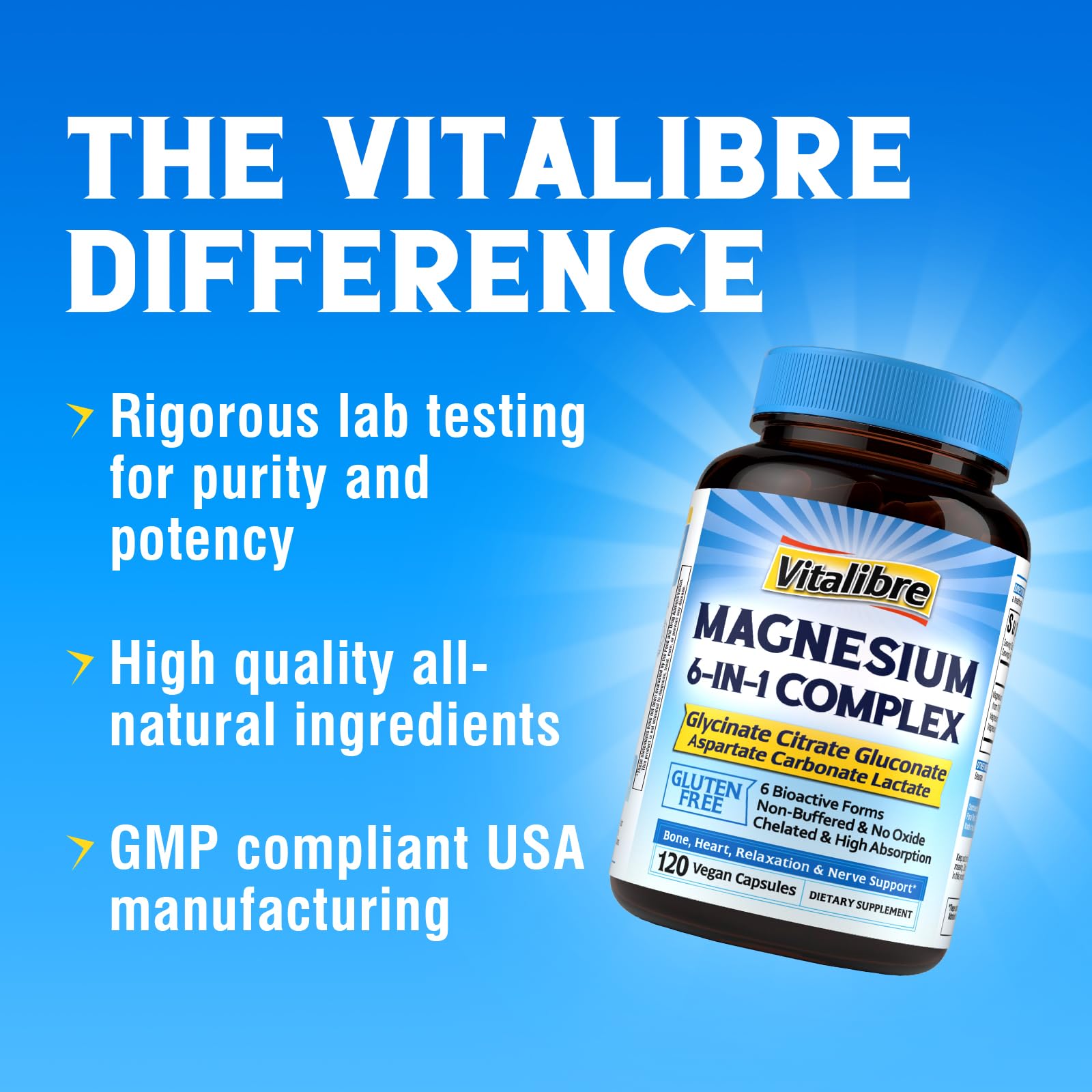 Vitalibre 6 in 1 Magnesium Complex for Women Men, 260mg Elemental Magnesium | Max Absorption | Chelated Magnesium Supplement for Bone, Relaxation & Nerves Support | Non-GMO, 120 Vegan Capsules Vitalibre uk supplements