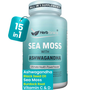 Herbtonics Sea Moss, Black Cumin Seed, Ashwagandha, Burdock Root & ACV Complex | Manage Immunity, Stress & Digestion Support | 60 Capsules (2 Capsules Per Serving) Herbtonics uk supplements