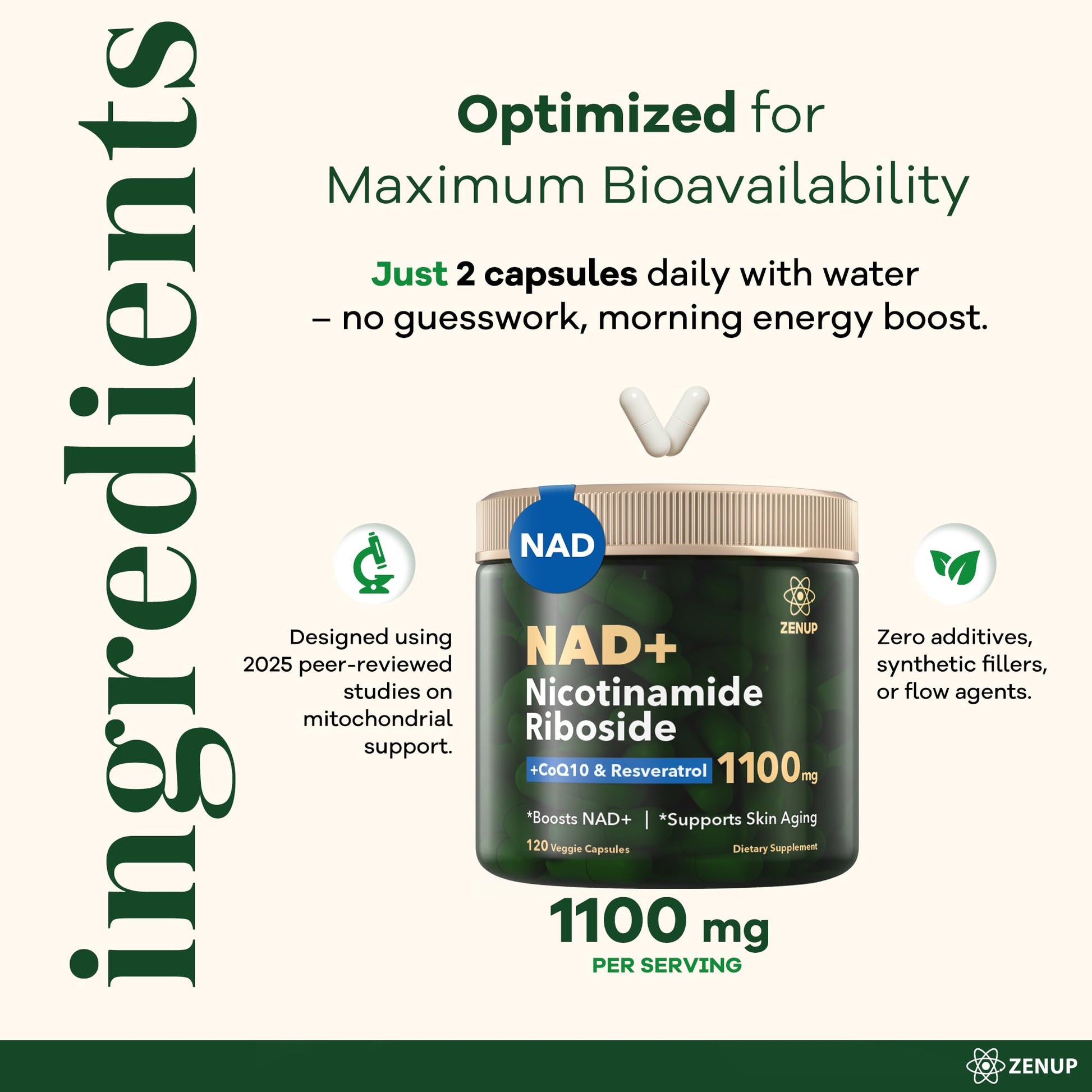 ZenUP NAD+ Supplement | 1100mg Liposomal Nicotinamide Riboside with Resveratrol & Quercetin | Anti-Aging, Cellular Energy, Mental Focus | 120 Caps ZenUP uk supplements