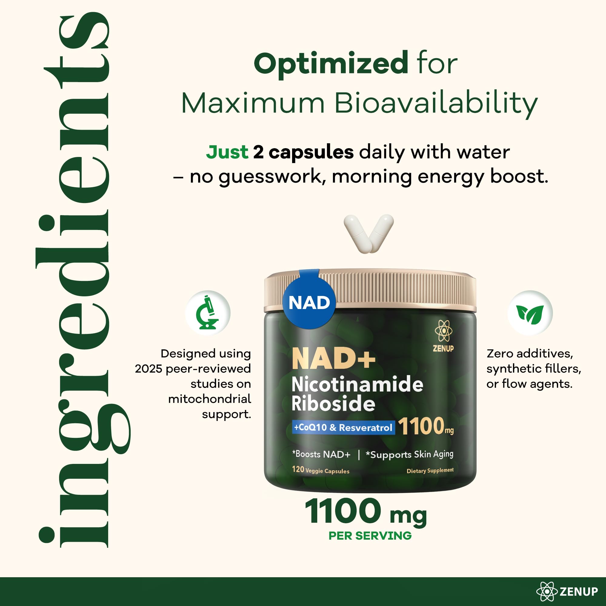 ZenUP NAD+ Supplement | 1100mg Liposomal Nicotinamide Riboside with Resveratrol & Quercetin | Anti-Aging, Cellular Energy, Mental Focus | 120 Caps ZenUP uk supplements