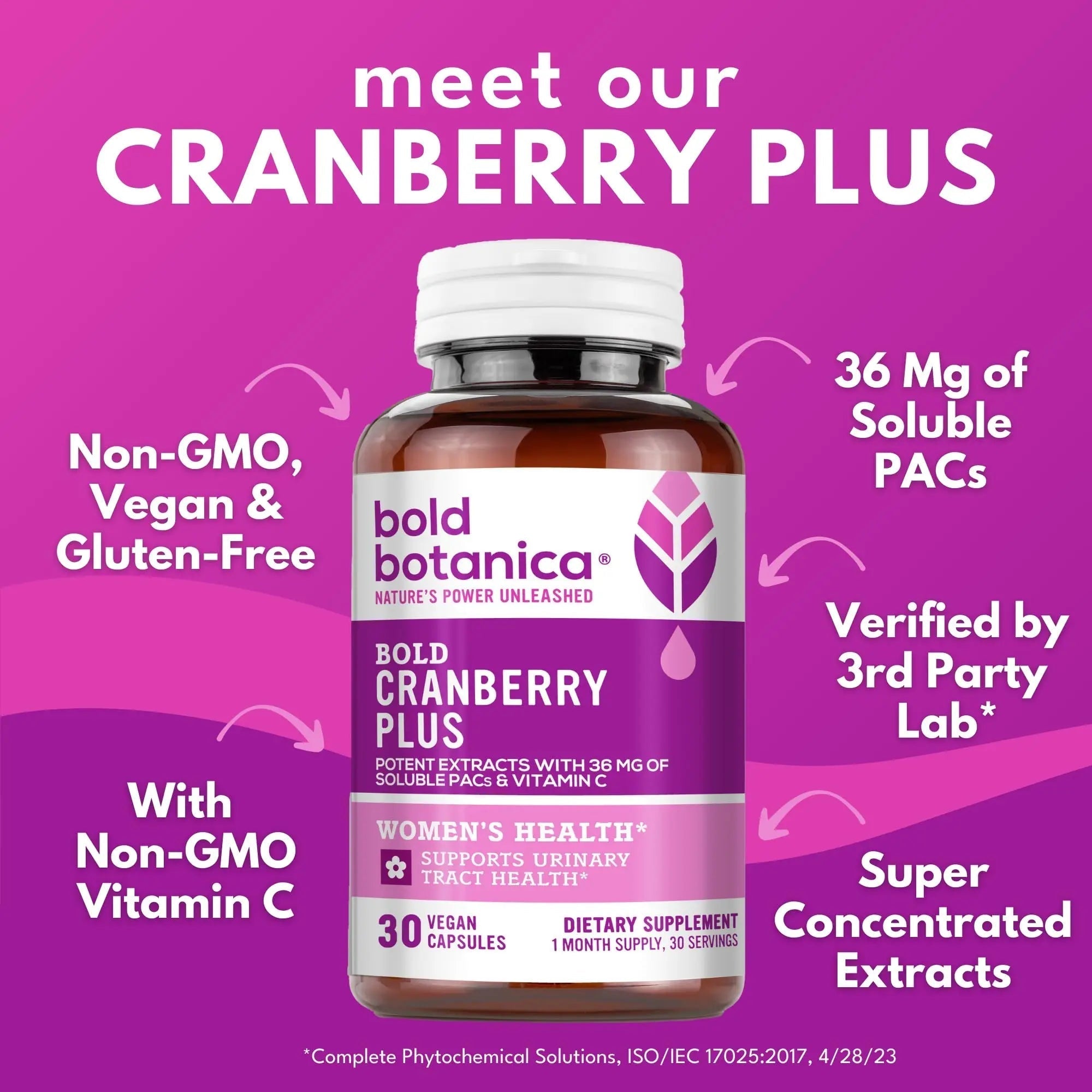 Bold Cranberry Plus Capsules - 100% Soluble 36mg PACs - Cranberry Pills for Women & Men with Urinary Tract Support, Non-GMO Vitamin C — 30 Vegan Capsules, 1 Month Supply Bold Botanica uk supplements