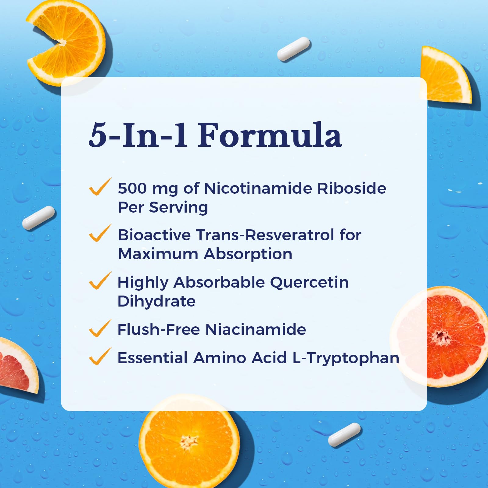 Vitalitown 5 in 1 NAD+, NMN Supplement Alternatives, Nicotinamide Riboside (NR), Trans-Resveratrol, Quercetin, Niacinamide, L-Tryptophan, for Cellular Energy, Heart, Skin, 60 Veggie Capsules Vitalitown uk supplements