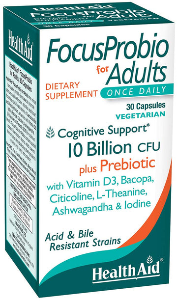 FocusProbio for Adults – 10 Billion CFU Probiotic with Prebiotic, Bacopa, Citicoline, L‑Theanine, Ashwagandha & Vitamin D₃ | Supports Focus, Mood & Gut-Brain Balance – Vegetarian, Once Daily HealthAid uk supplements