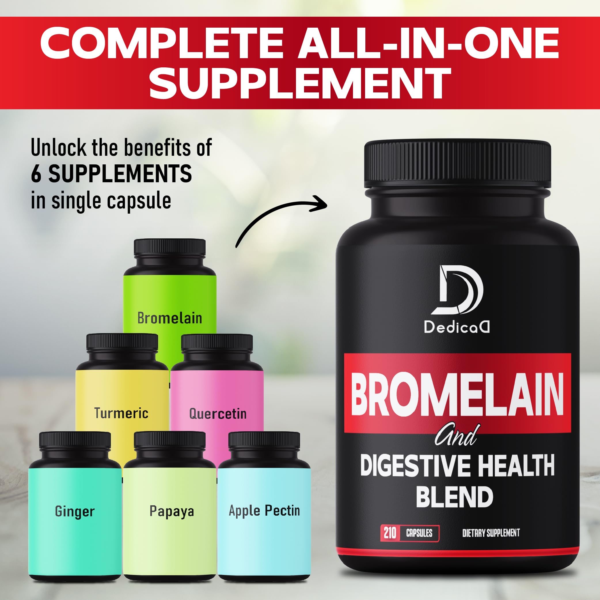 DEDICAD 6in1 Bromelain 500mg Supplement - 1000mg per Serving - 210 Capsules with Digestive Health Blend as Quercetin, Ginger, Turmeric, Papaya - Support Overall Health, Digestion & Immune System DEDICAD uk supplements