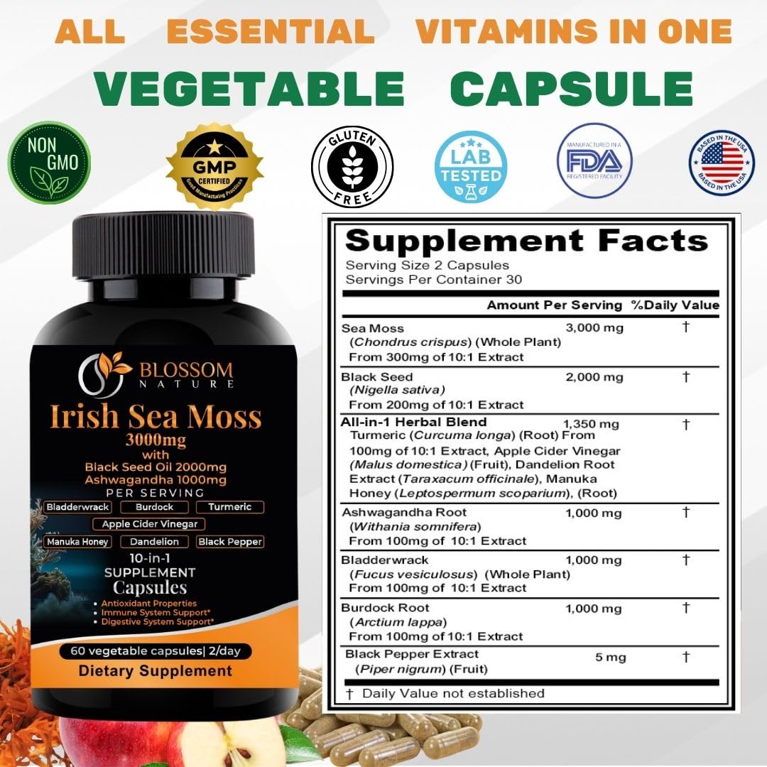 10-in-1 Irish Sea Moss Veggie Caps 3000mg Black Seed Oil Ashwagandha Bladderwrack Burdock Turmeric Apple Cider Vinegar Manuka Honey Dandelion Black Pepper - Made in US(Veggie Caps, Unflavored) Blossom Nature uk supplements