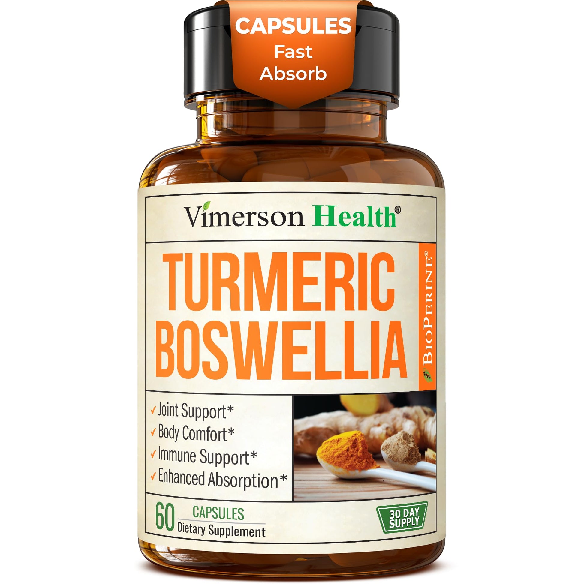 Turmeric Supplement w/Boswellia Serrata – Daily Support for Joint Health & Comfort – Organic Turmeric Curcumin Powder, Bioperine for Enhanced Absorption & Ginger Root – 60 Boswellia Extract Capsules Vimerson Health uk supplements