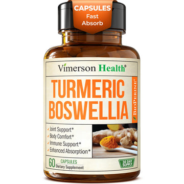 Turmeric Supplement w/Boswellia Serrata – Daily Support for Joint Health & Comfort – Organic Turmeric Curcumin Powder, Bioperine for Enhanced Absorption & Ginger Root – 60 Boswellia Extract Capsules Vimerson Health uk supplements
