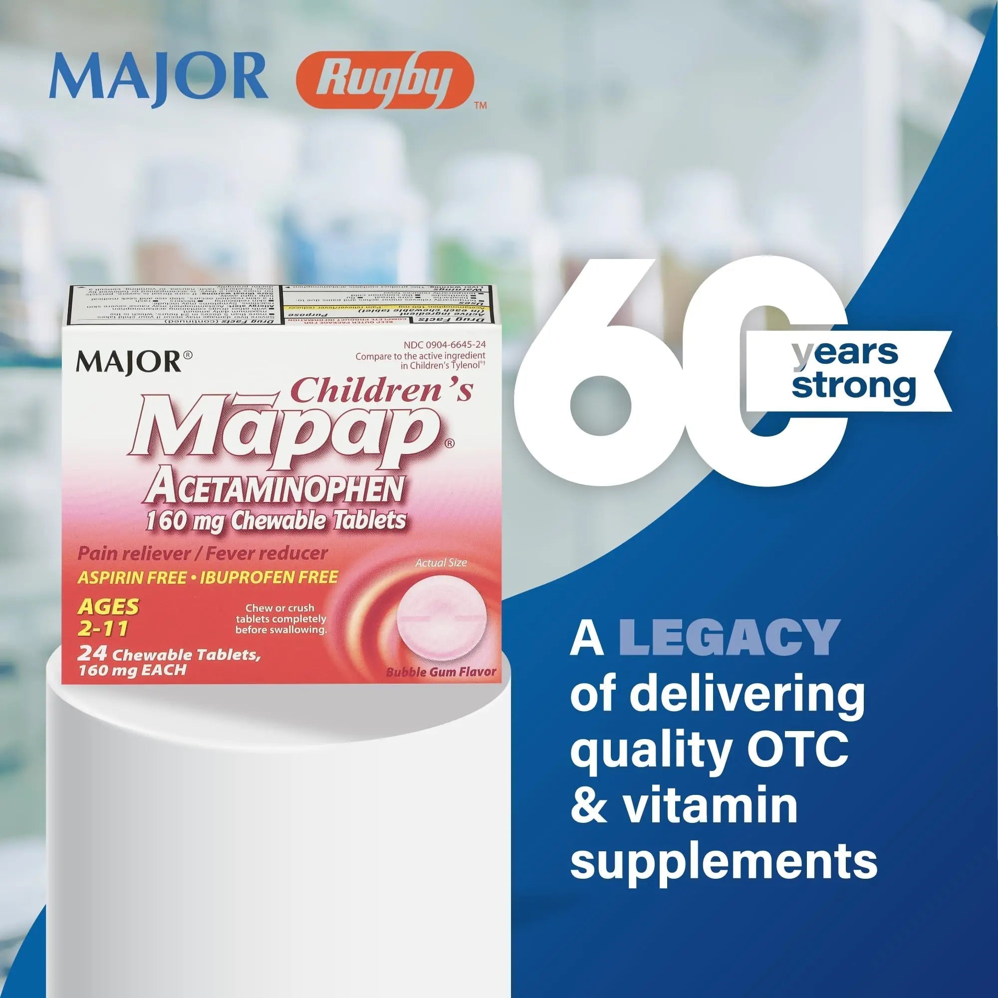 MAJOR Children’s Mapap Acetaminophen 160 mg Chewable Tablets - Pain Reliever/Fever Reducer - Aspirin Free - Ibuprofen Free - for Ages 2 to 11-24 Count (3 Pack) MAJOR uk supplements