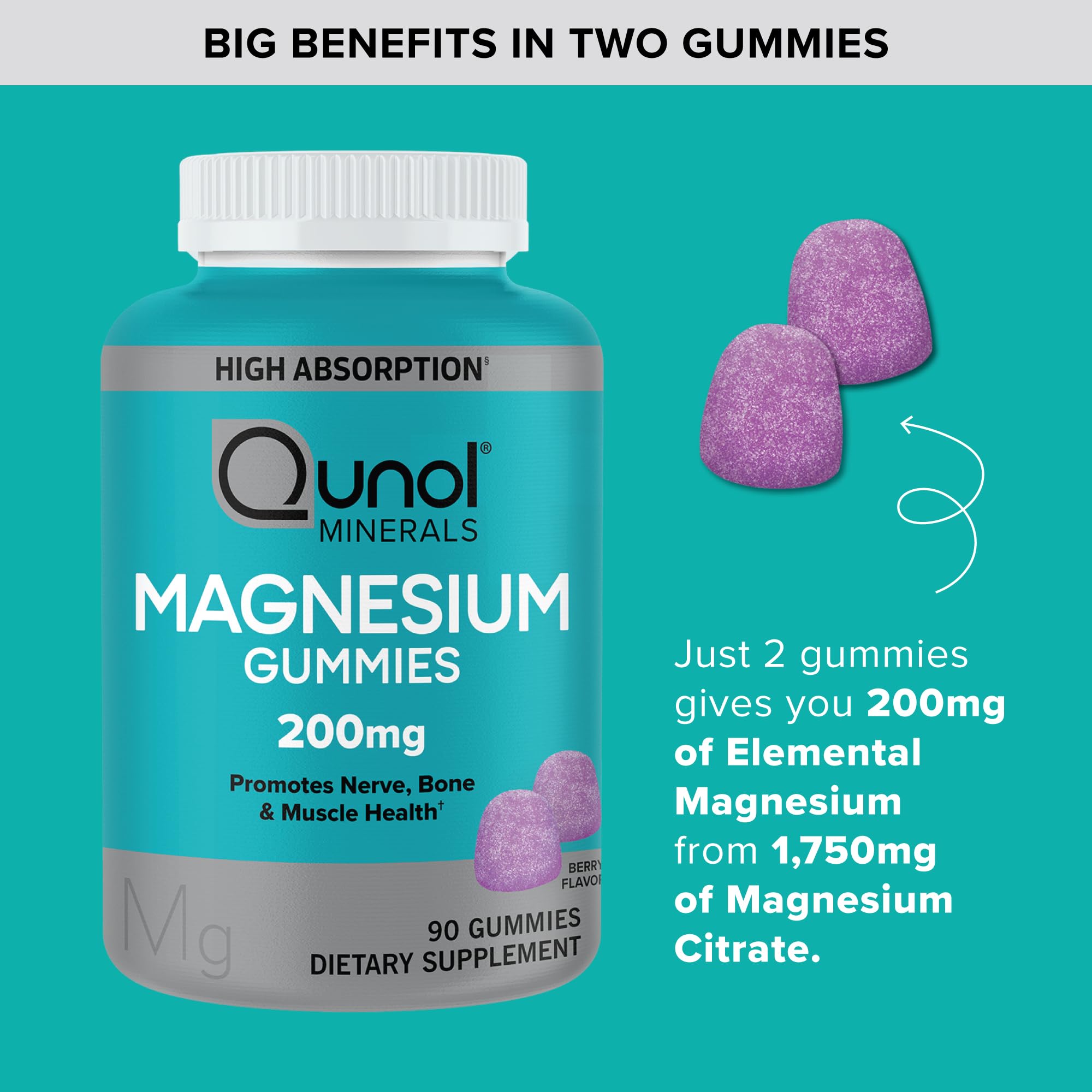 Qunol Magnesium Gummies for Adults, 200mg Elemental Magnesium (from 1,750mg Magnesium Citrate), High Absorption Magnesium Supplement, Supports Nerve, Bone and Muscle Health, Vegetarian, 90 Count Qunol uk supplements