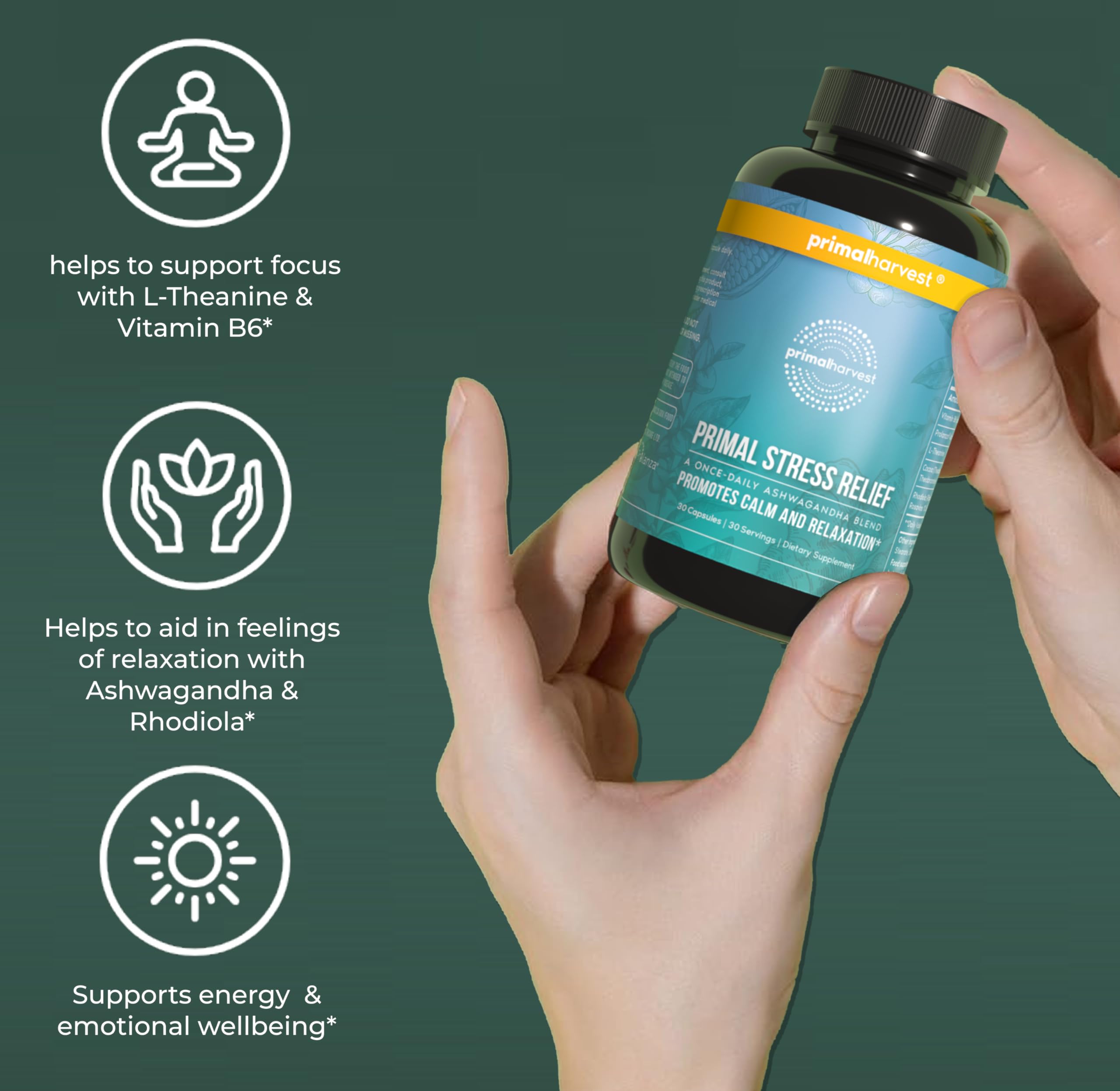Primal Harvest Stress Relief Supplement for Women and Men Pure Ashwagandha Root Extract, L-Theanine Supplements, 30 Capsules Primal Harvest uk supplements