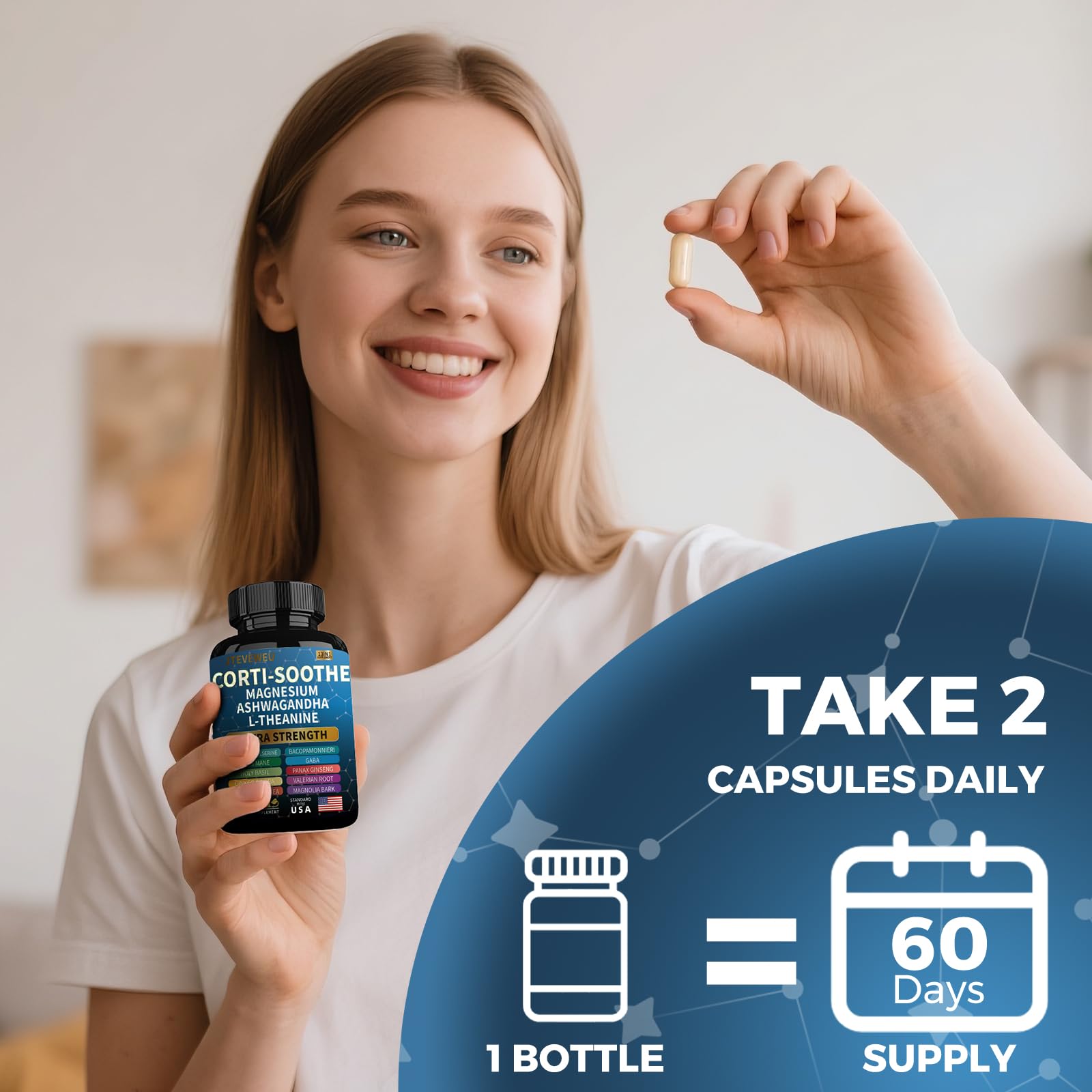 Corti-Soothe Cortisol Supplement for Women and Men with Magnesium Glycinate 200mg, L-Theanine 150mg, Phosphatidylserine 50mg & Manager Holy Basil Ginkgo Biloba Bacopa Monnieri Valerian 60 Capsules JTEVEweu uk supplements