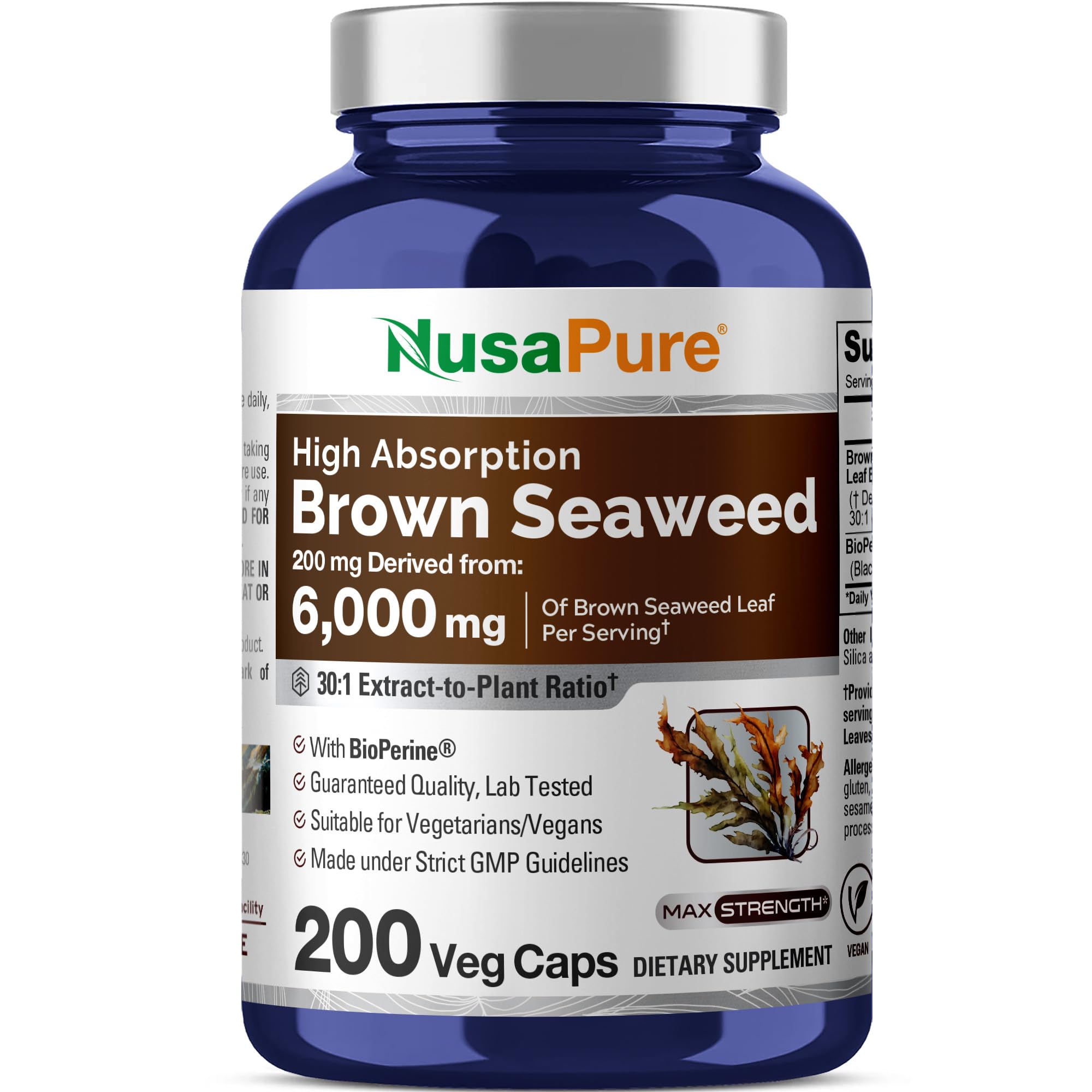 NusaPure Brown Seaweed 30:1 Extract, 200 mg Equivalent to 6,000 mg 200 Veggie Capsules - (Vegan, Non-GMO Bioperine) NusaPure uk supplements