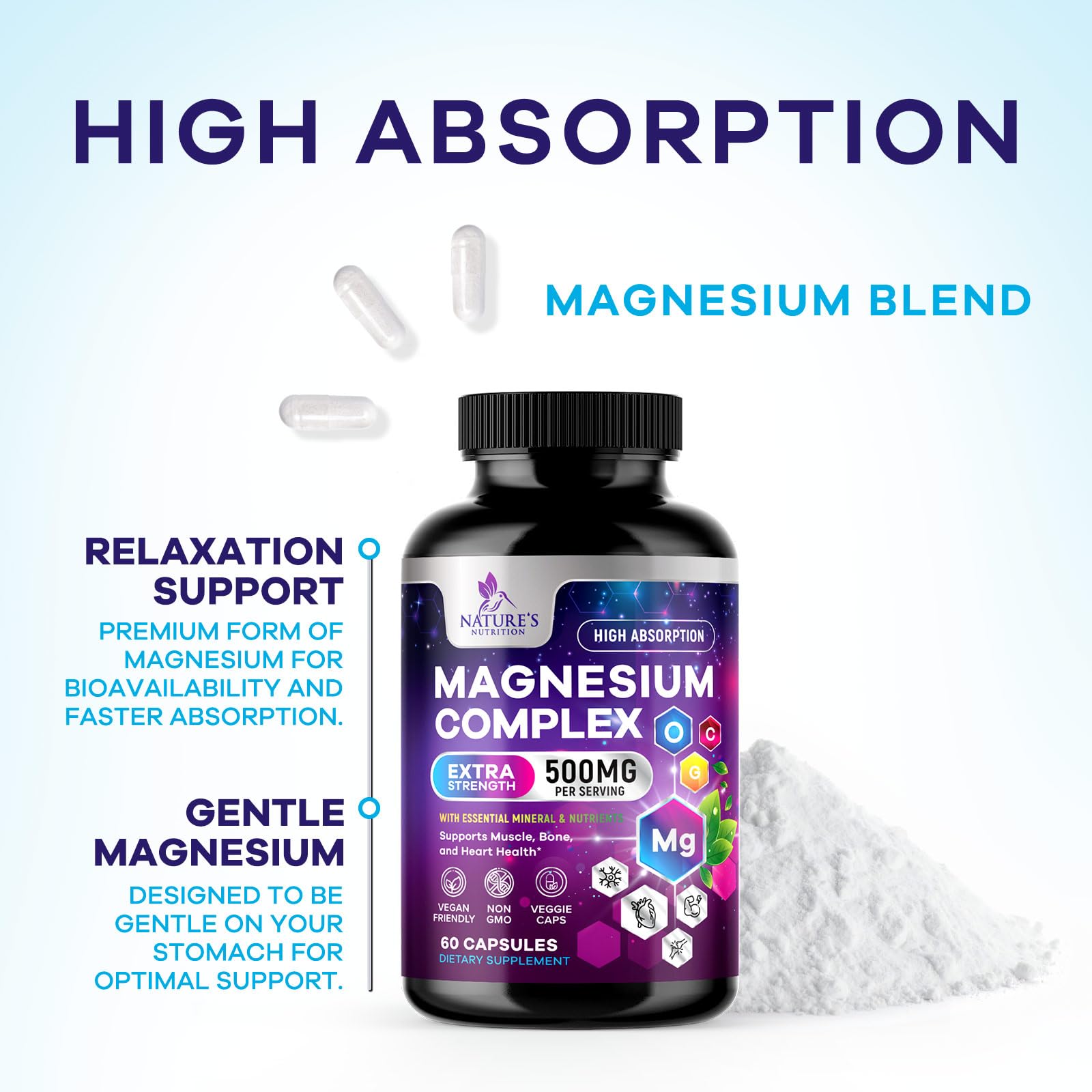 Magnesium Complex Supplement - Magnesium 500 mg Per Serving - 4 in 1 High Absorption Blend - 100% Chelated Magnesium Glycinate with Malate, Citrate & Oxide - Vegan Complex - USA Bottled - 60 Capsules Nature's Nutrition uk supplements