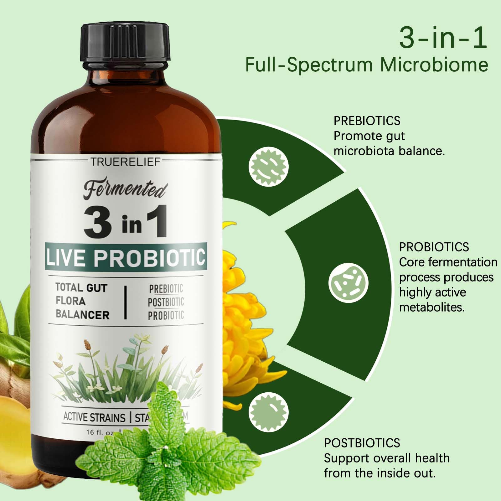 TRUERELIEF Women's Daily Probiotic + Prebiotic + Postbiotic Liquid, 3-in-1 for Gut Health, 10 Strains & 18 Fermented Herbs (1) TRUERELIEF uk supplements
