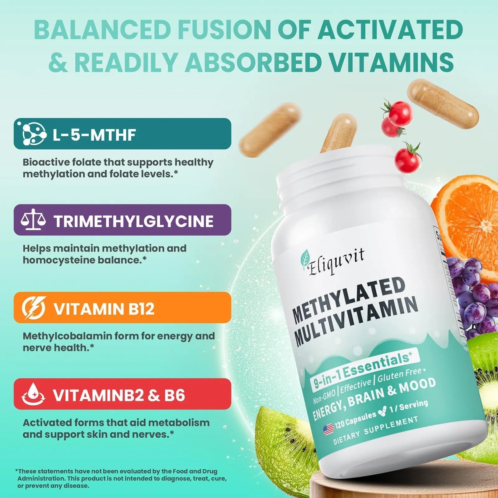 Eliquvit Methylated Multivitamin for Men & Women - Methylated B Complex with Methylfolate & B12-9-in-1 MTHFR Support + TMG - Vegan Multivitamin Eliquvit uk supplements