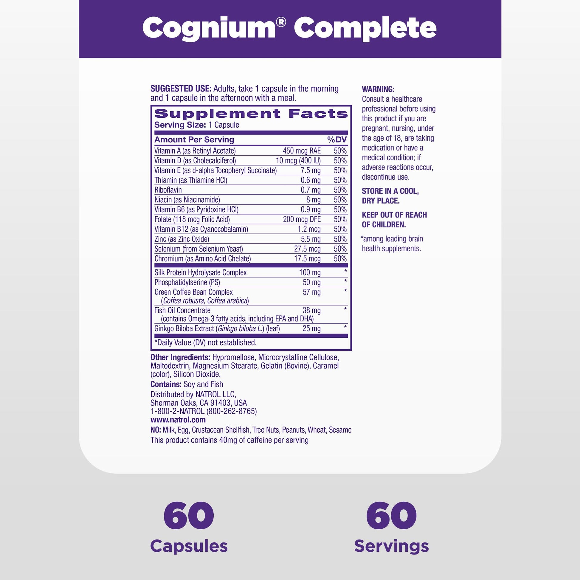 Natrol Cognium Complete, Dietary Supplement for Brain Health, Brain Health Supplements for Adults, 60 Capsules, 30 Day Supply Natrol uk supplements