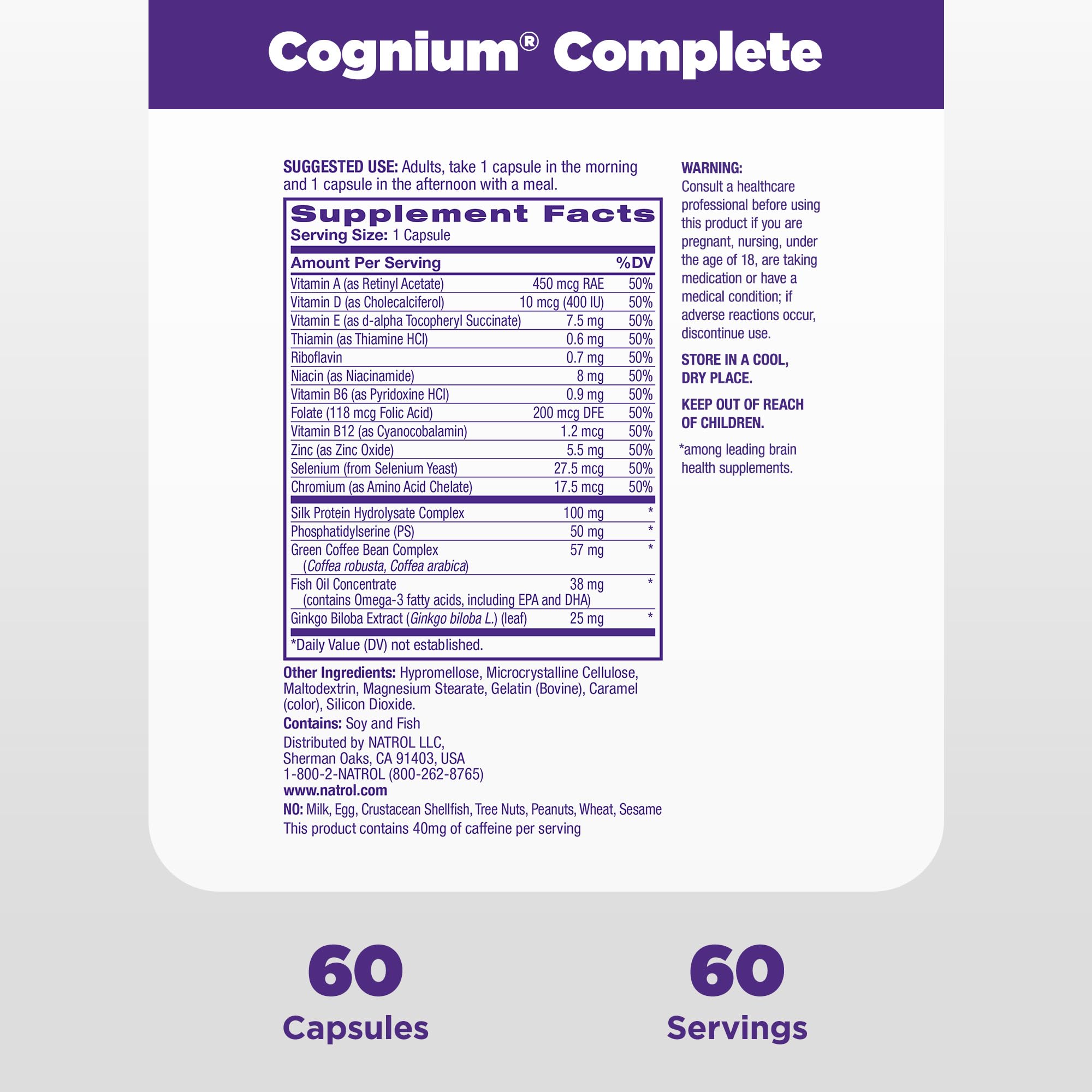 Natrol Cognium Complete, Dietary Supplement for Brain Health, Brain Health Supplements for Adults, 60 Capsules, 30 Day Supply Natrol uk supplements
