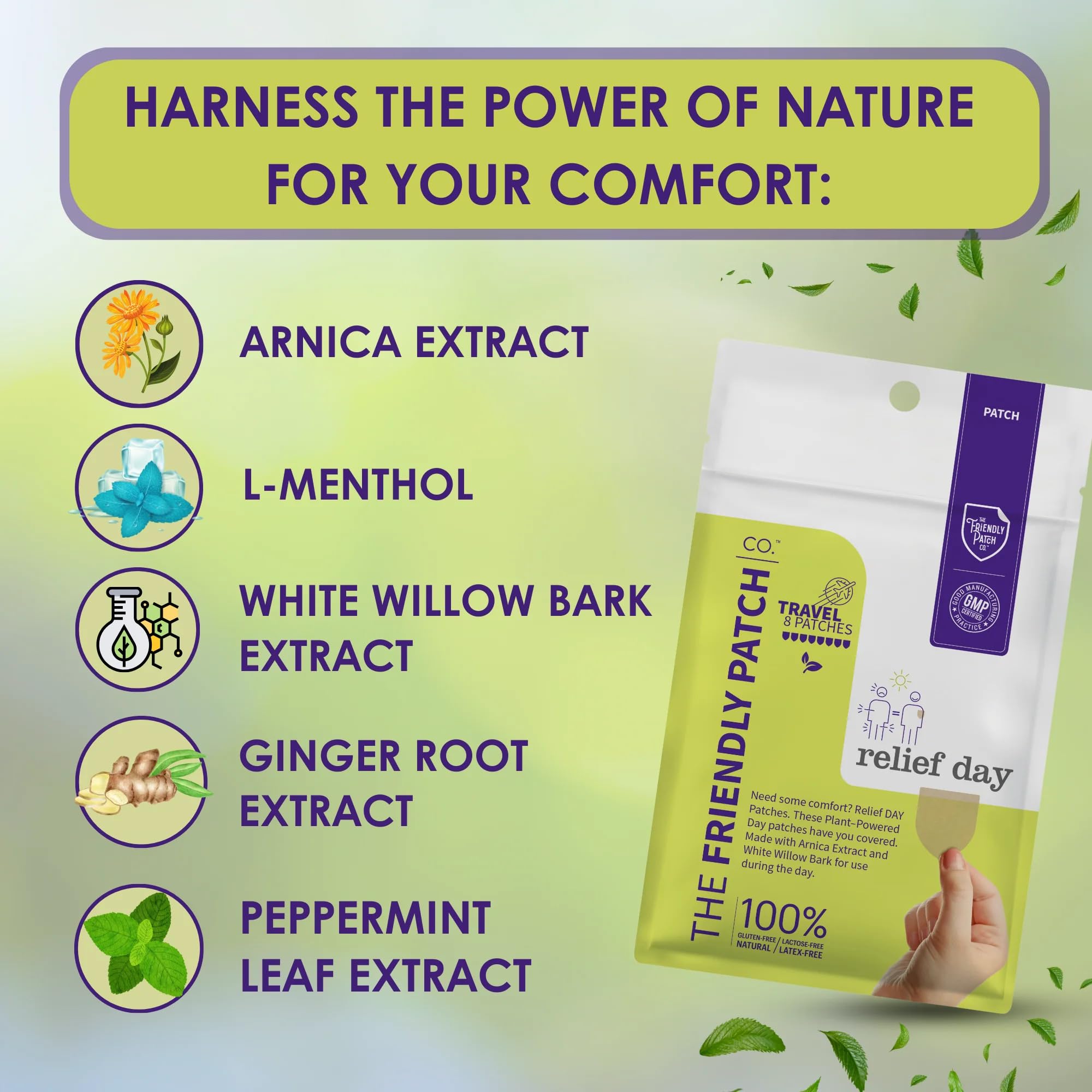 Relief Day Patch - Arnica, White Willow Bark, Saffron & Peppermint for Soreness and discomfort for Women and Men The Friendly Patch CO. uk supplements