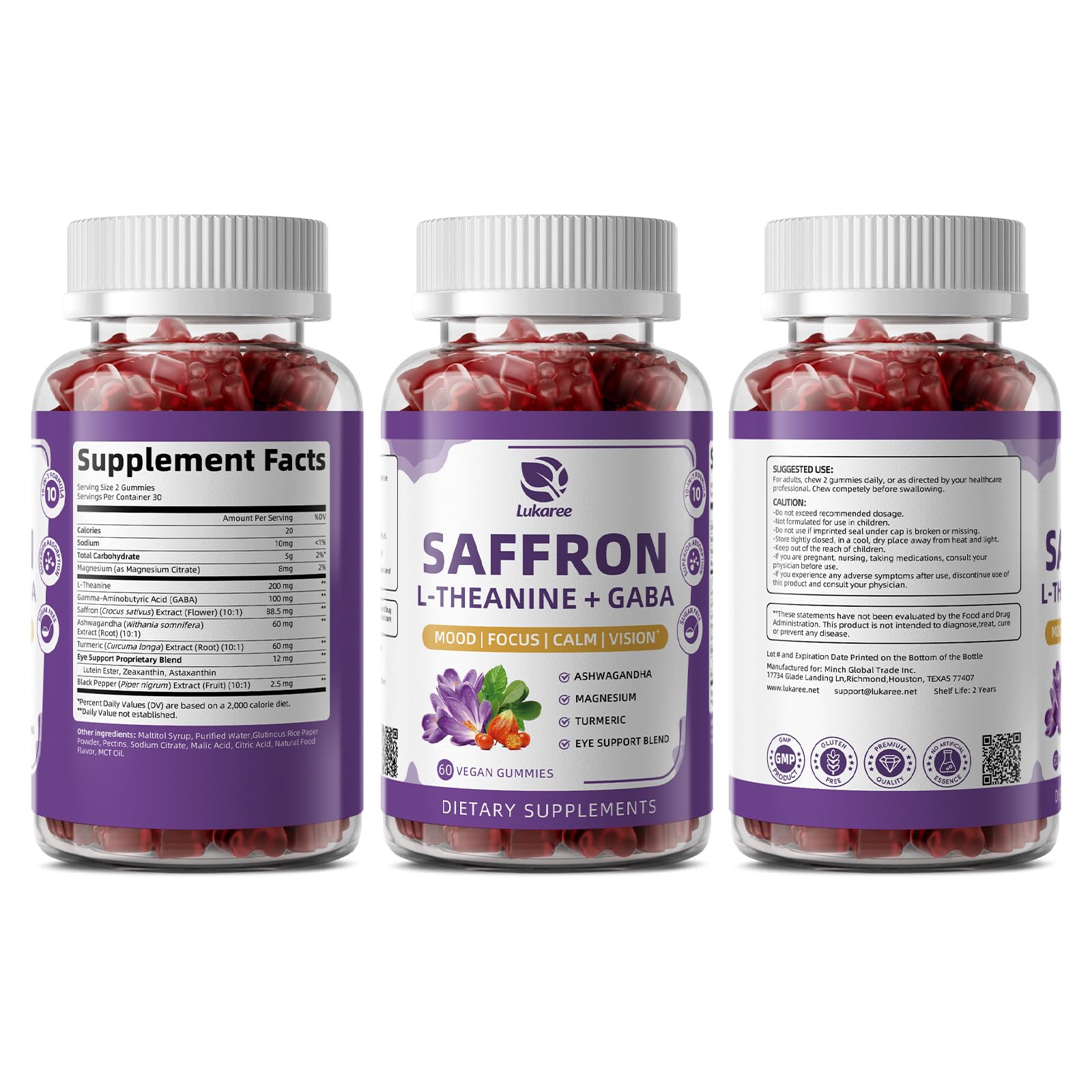 10-in-1 Saffron Supplements Gummies - Saffron Extract 88.5 mg with L-Theanine, GABA, Ashwagandha, Turmeric,Magnesium – Mood, Focus, Vision Support & Cortisol Balance, Sugar Free, Vegan, 60 Counts Lukaree uk supplements