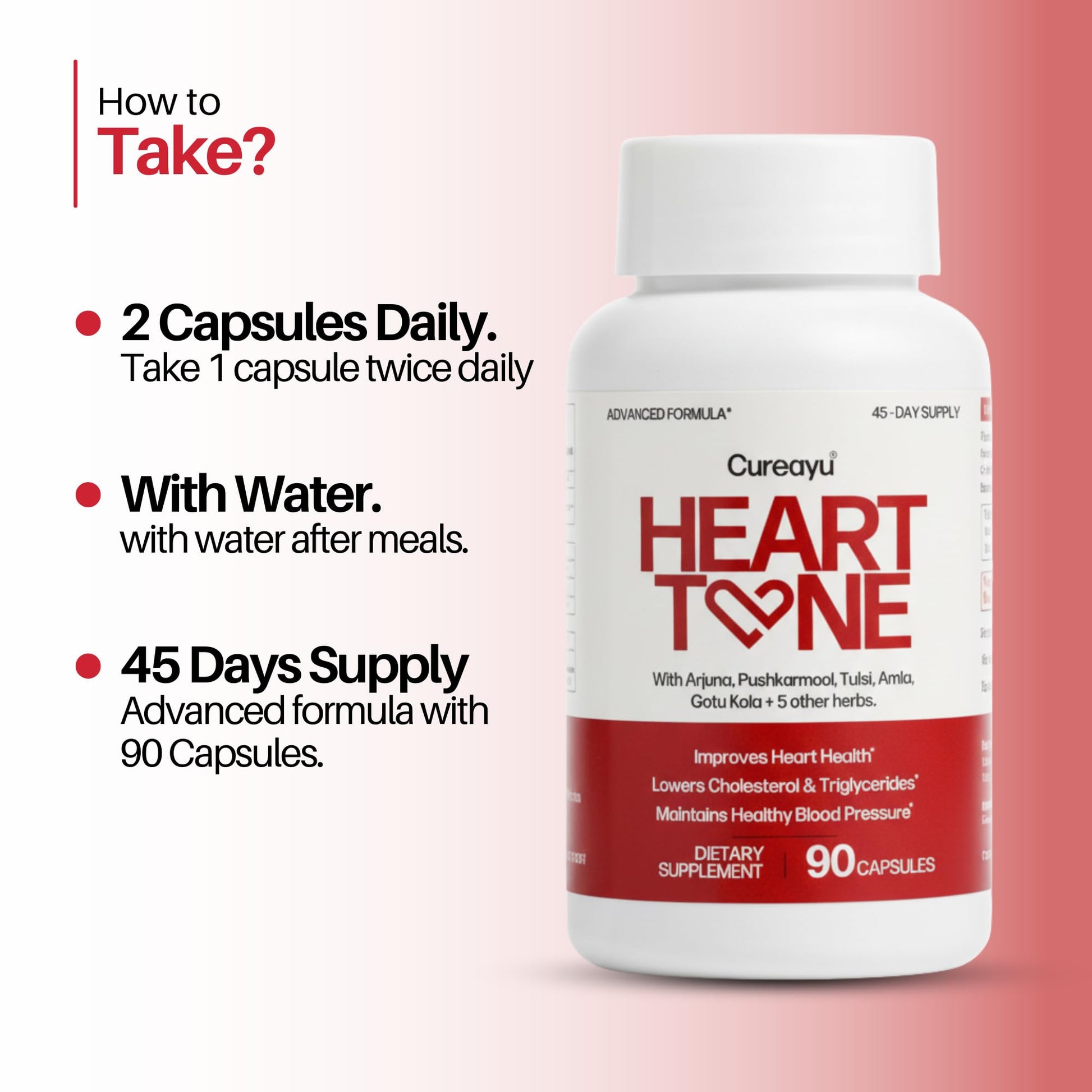 Cureayu Heart Tone Capsules | Natural Heart Health Supplement | Supports Healthy Cholesterol & Triglycerides Levels | with Arjuna, Pushkarmool + 8 Other Herbs | 90 Capsules Cureayu uk supplements