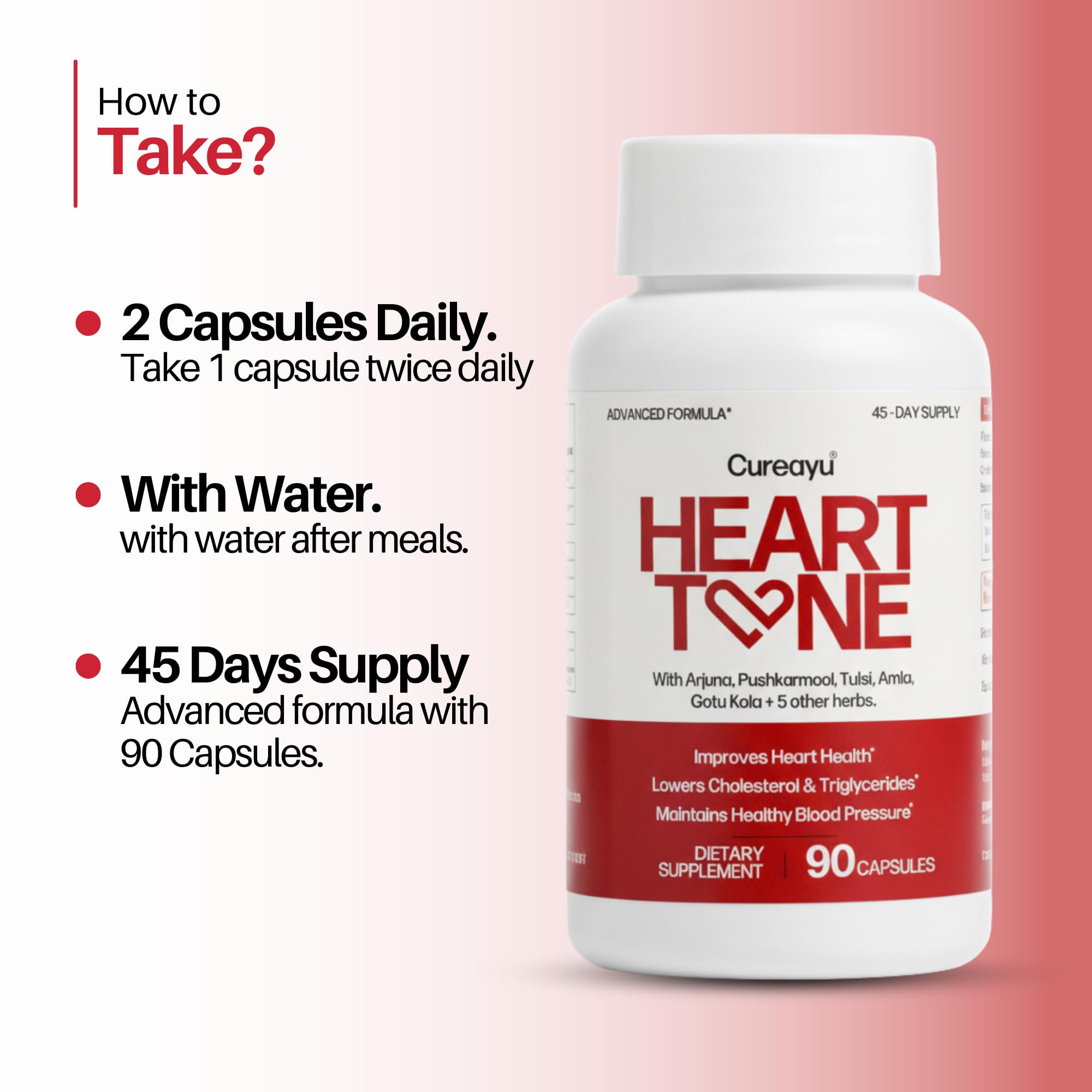 Cureayu Heart Tone Capsules | Natural Heart Health Supplement | Supports Healthy Cholesterol & Triglycerides Levels | with Arjuna, Pushkarmool + 8 Other Herbs | 90 Capsules Cureayu uk supplements