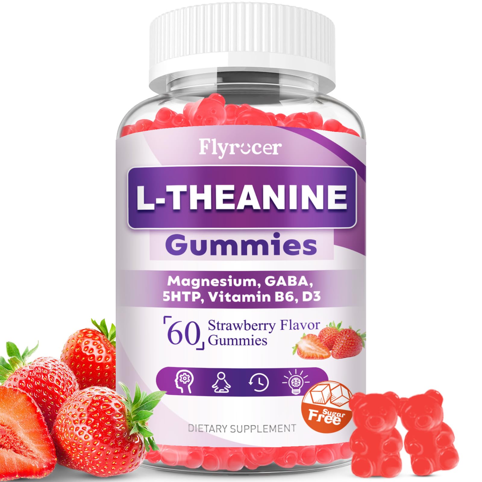 Sugar Free L-Theanine Gummies, L Theanine Supplement for Adults & Kids, L'Theanine with Ashwagandha, Magnesium, 5HTP & GABA - Support Calm, Relax, zzZ, Focus, Vegan Strawberry Flavor, 60 Count Flyrocer uk supplements
