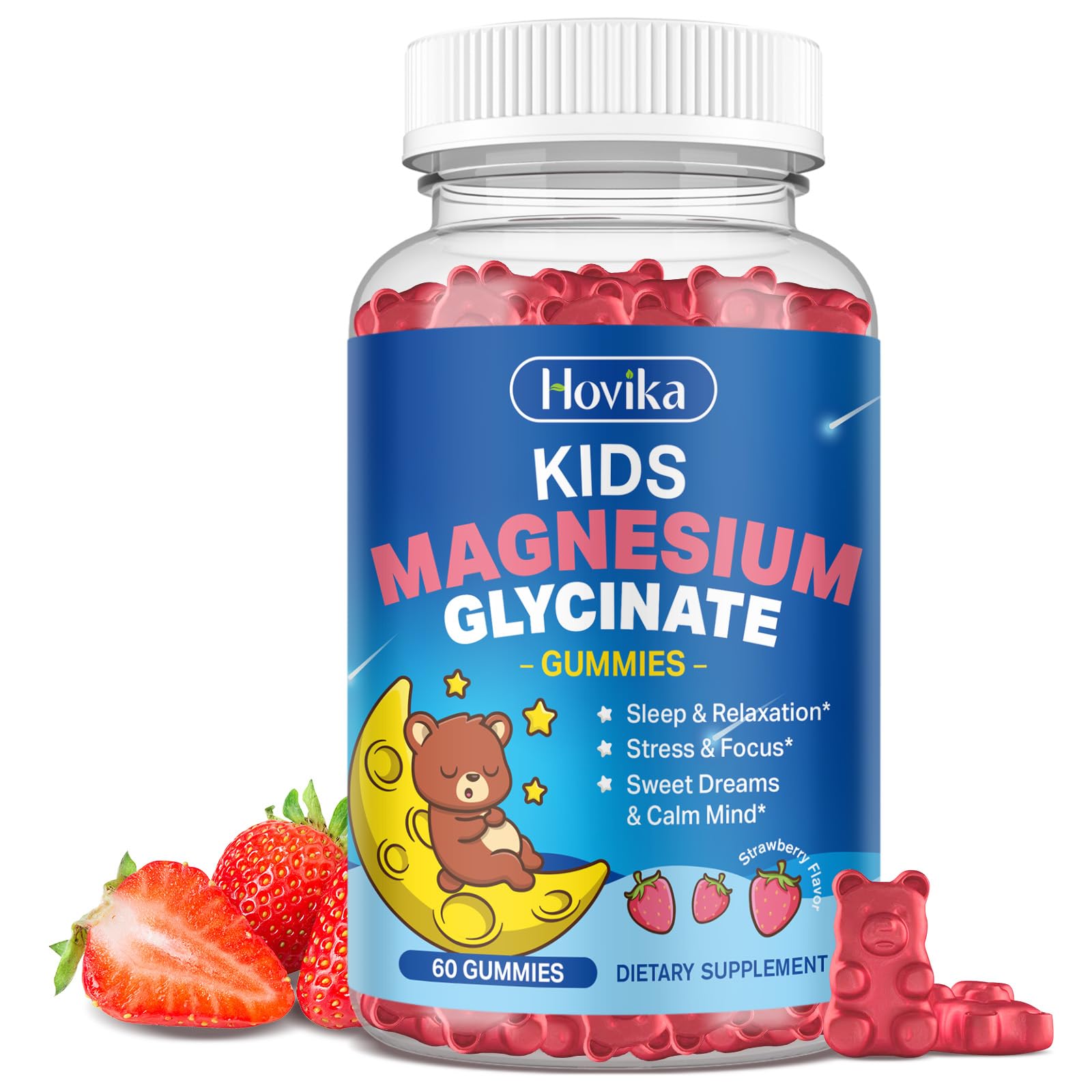 Magnesium Glycinate Gummies for Kids - with L-Theanine, Omega-3, Vitamin B6, D3, Zinc - Kids Magnesium Gummies for Sleep, Relaxation, Calm & Focus - Sugar Free Strawberry 60ct Hovika uk supplements