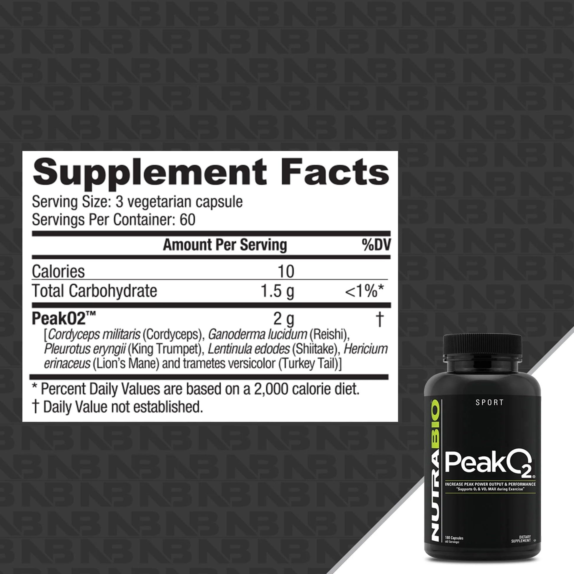 NutraBio PeakO2 Workout Supplement, 180 Capsules - Mushroom Blend Supplement to Help Enhance Athletic Performance and Overall Health, 60 Servings NutraBio uk supplements