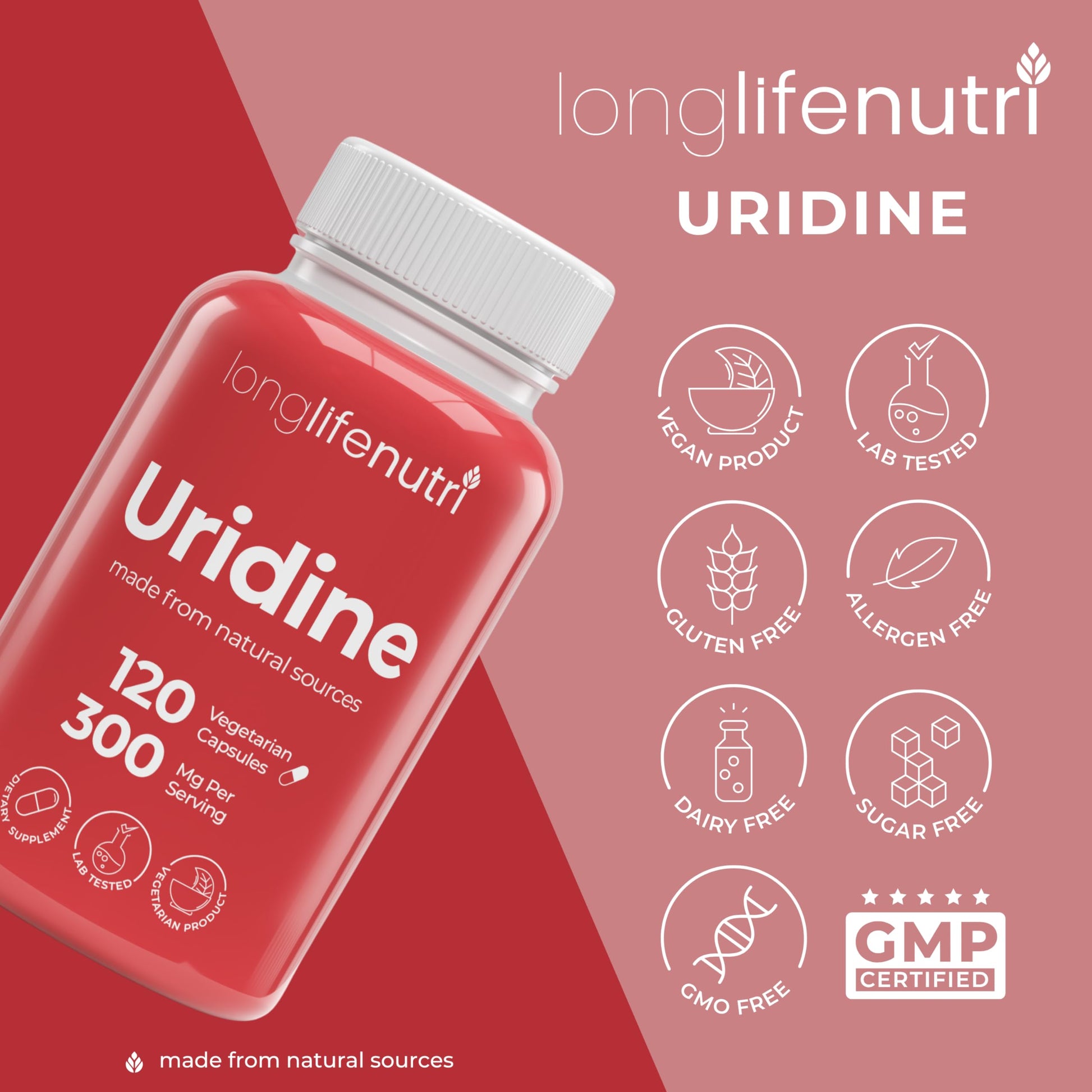 LongLifeNutri Uridine Monophosphate 300mg – Choline Precursor & Synaptic Function, Nootropic for Focus & Mental Performance, 120 Vegetarian Capsules, 4-Month Supply, GMP Certified, Made in USA LongLifeNutri uk supplements