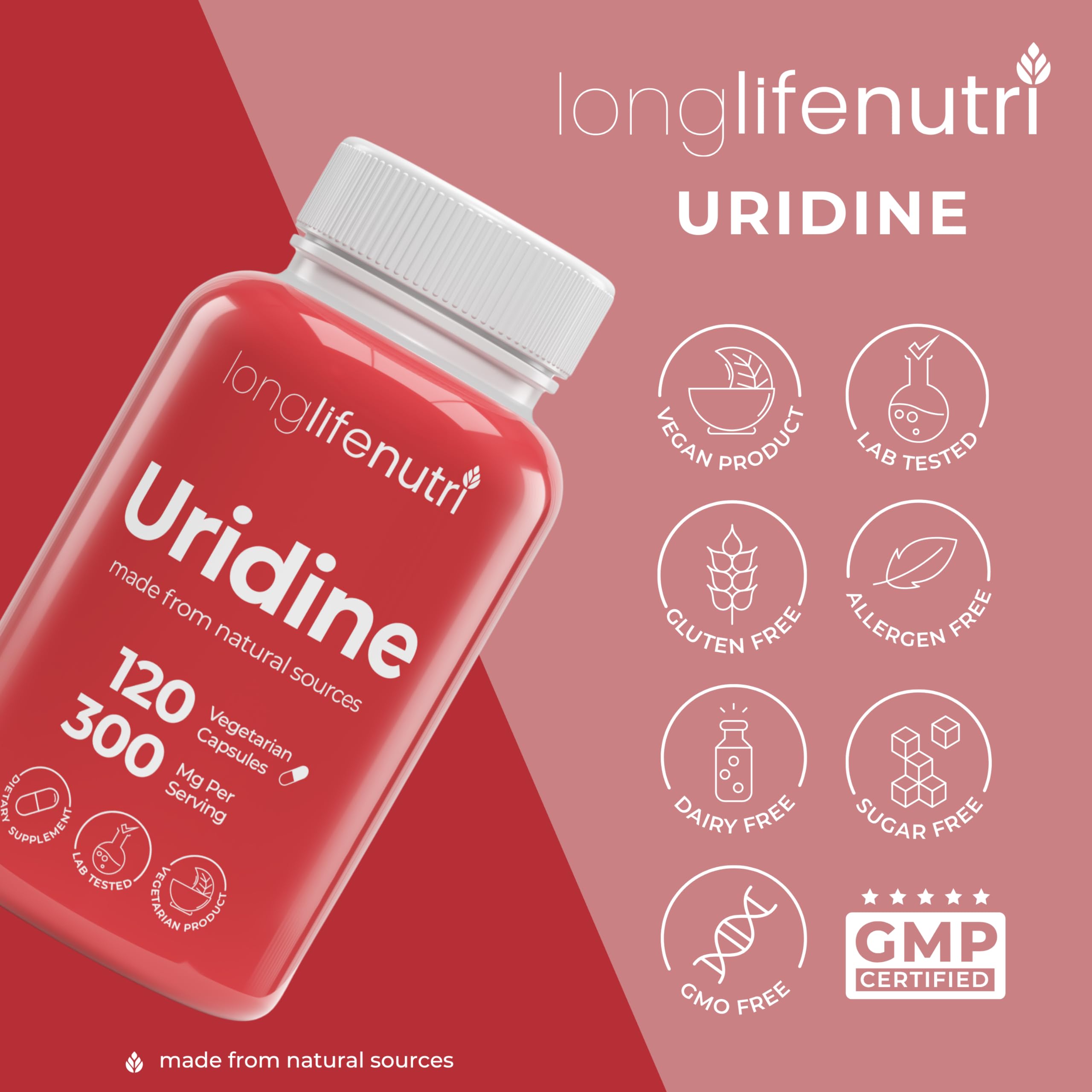 LongLifeNutri Uridine Monophosphate 300mg – Choline Precursor & Synaptic Function, Nootropic for Focus & Mental Performance, 120 Vegetarian Capsules, 4-Month Supply, GMP Certified, Made in USA LongLifeNutri uk supplements