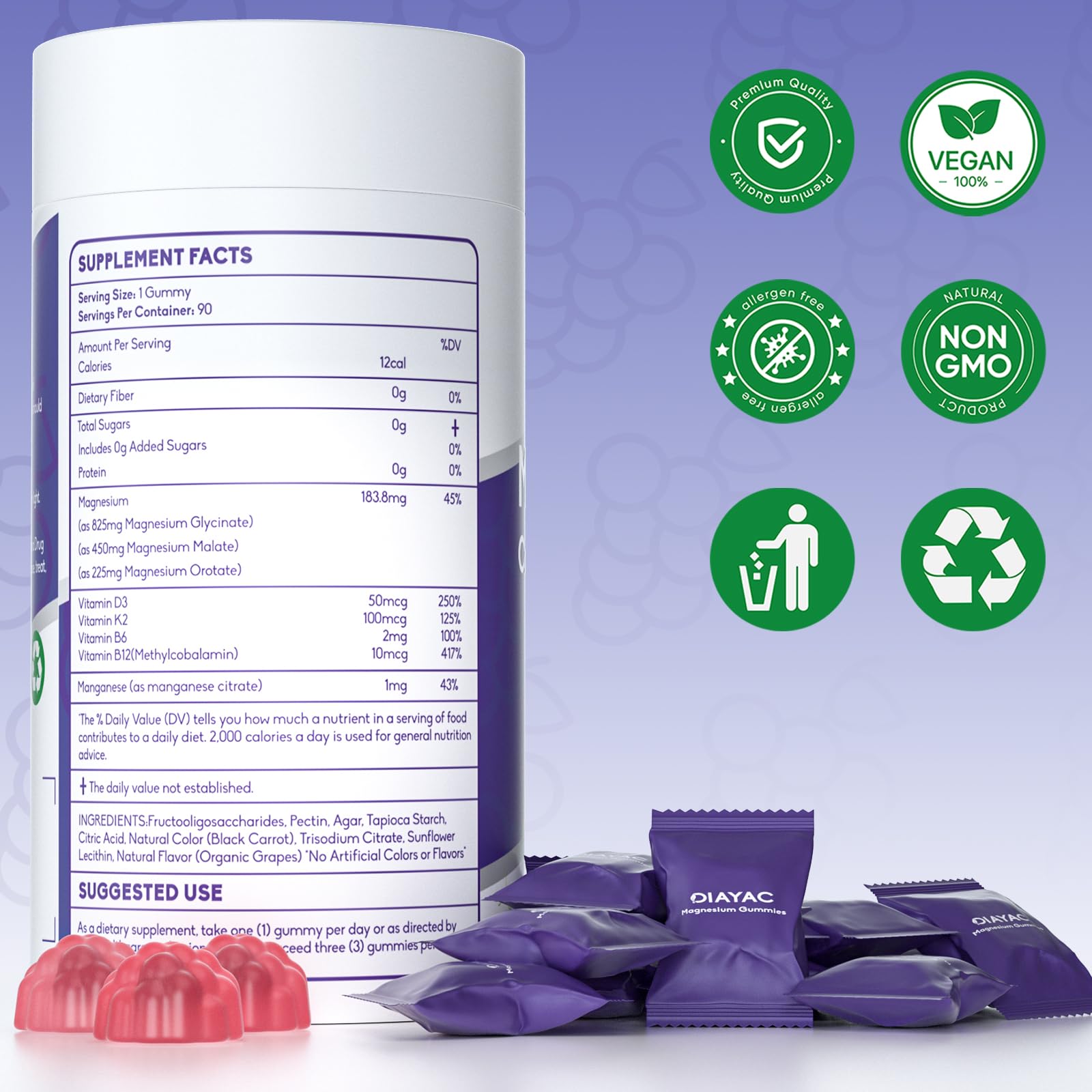 Magnesium Complex Gummies, Individually Packaged Magnesium Supplement, Magnesium Chelate, Bisglycinate, Malate, Citrate, Taurate Chewable for Women & Men,Sleep&Muscle&Nerve Health, Vegan 90 Counts DIAYAC uk supplements