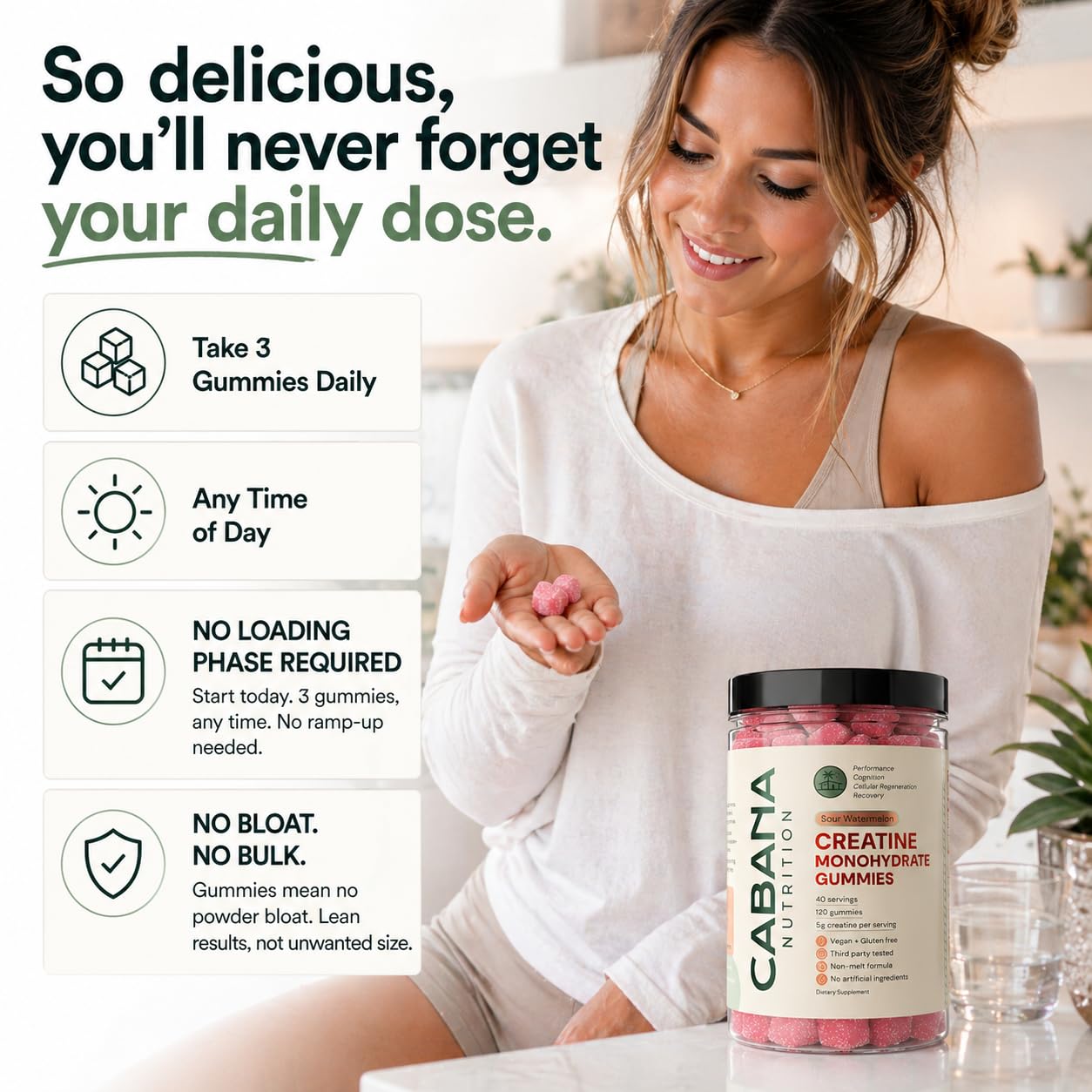 Creatine Monohydrate Gummies 5g - Only 2g Sugar, Made in USA - Sour Watermelon Flavor - Vegan & 3rd Party Tested - Pre & Post Workout Supplement for Women and Men (120 Count, 40 Servings) Cabana Nutrition uk supplements