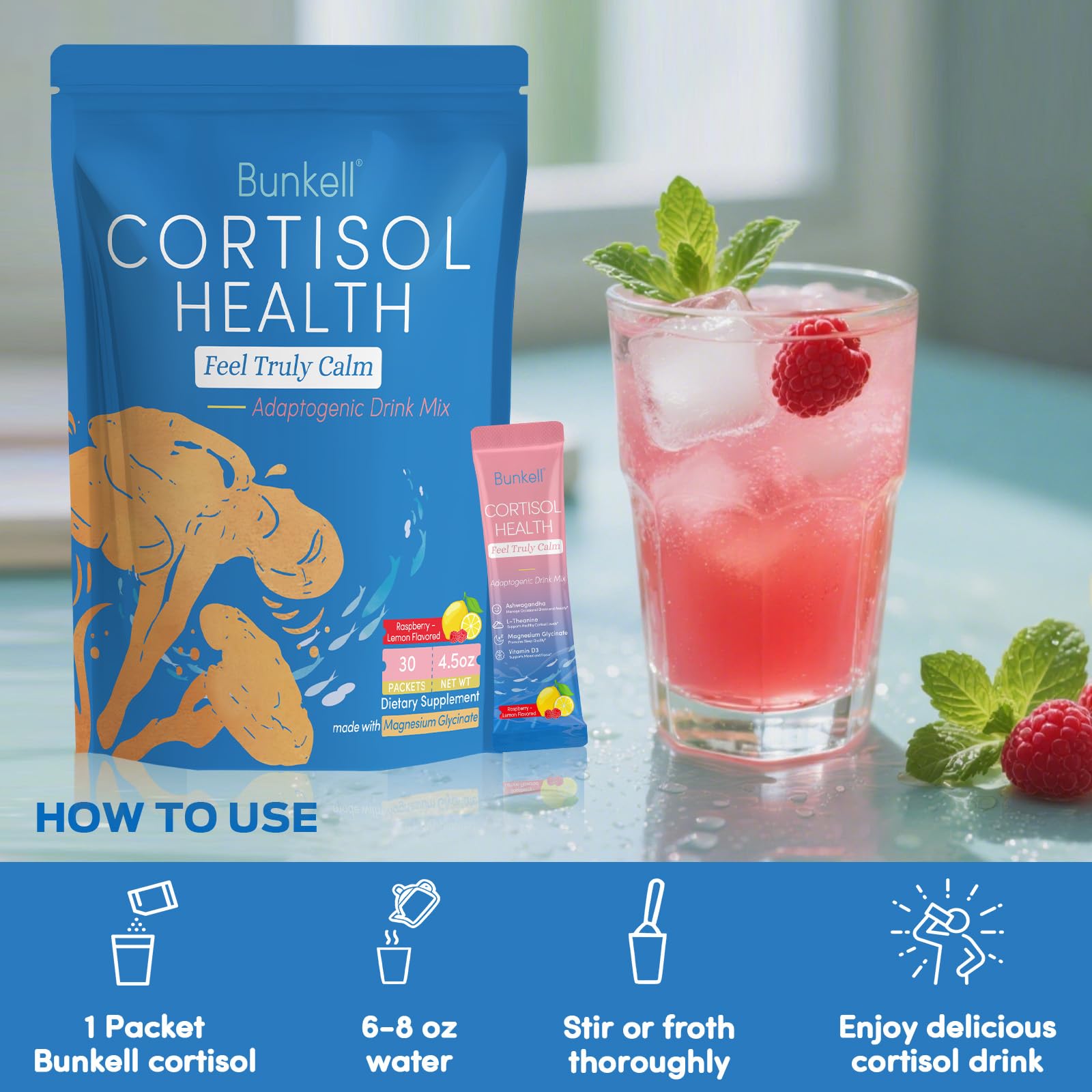 Bunkell Cortisol Powdered Drink Mix, Made with Magnesium Glycinate, L-Theanine, Ashwagandha & Vitamin D3, Cortisol Supplements for Relaxation, Focus & Calm Support, Raspberry Lemonade Flavor, 30 Ct Bunkell uk supplements