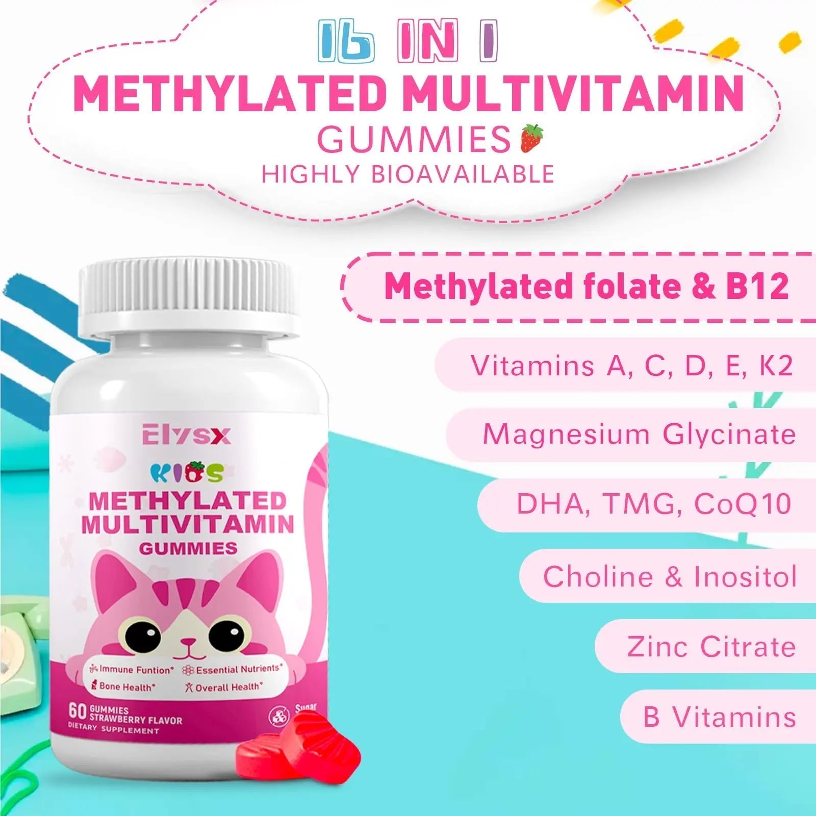 Elysx Kids Methylated Multivitamin Chewable Gummies, MTHFR Supplement with L Methylfolate, Magnesium, Biotin, Choline Elysx uk supplements