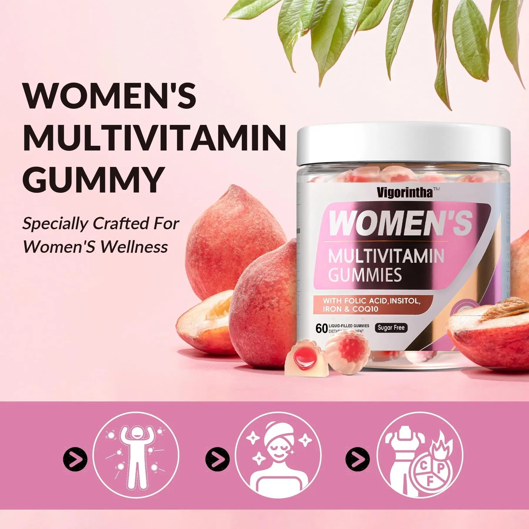 Vigorintha 2 Pack Sugar Free Womens Multivitamin Gummies with 19 Multi Vitamins & Minerals,Iron,Calcium,Folate,Biotin,Inositol Vigorintha uk supplements