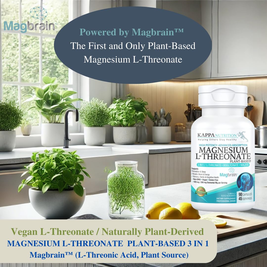 Kappa Nutrition Powered by Magbrain™ Magnesium L-Threonate Plant-Based, 90 Vegan Capsules, 420mg Elemental Magnesium (3 Capsules) from 2,253mg, Brain, Sleep & Muscle Support. KAPPA NUTRITION uk supplements