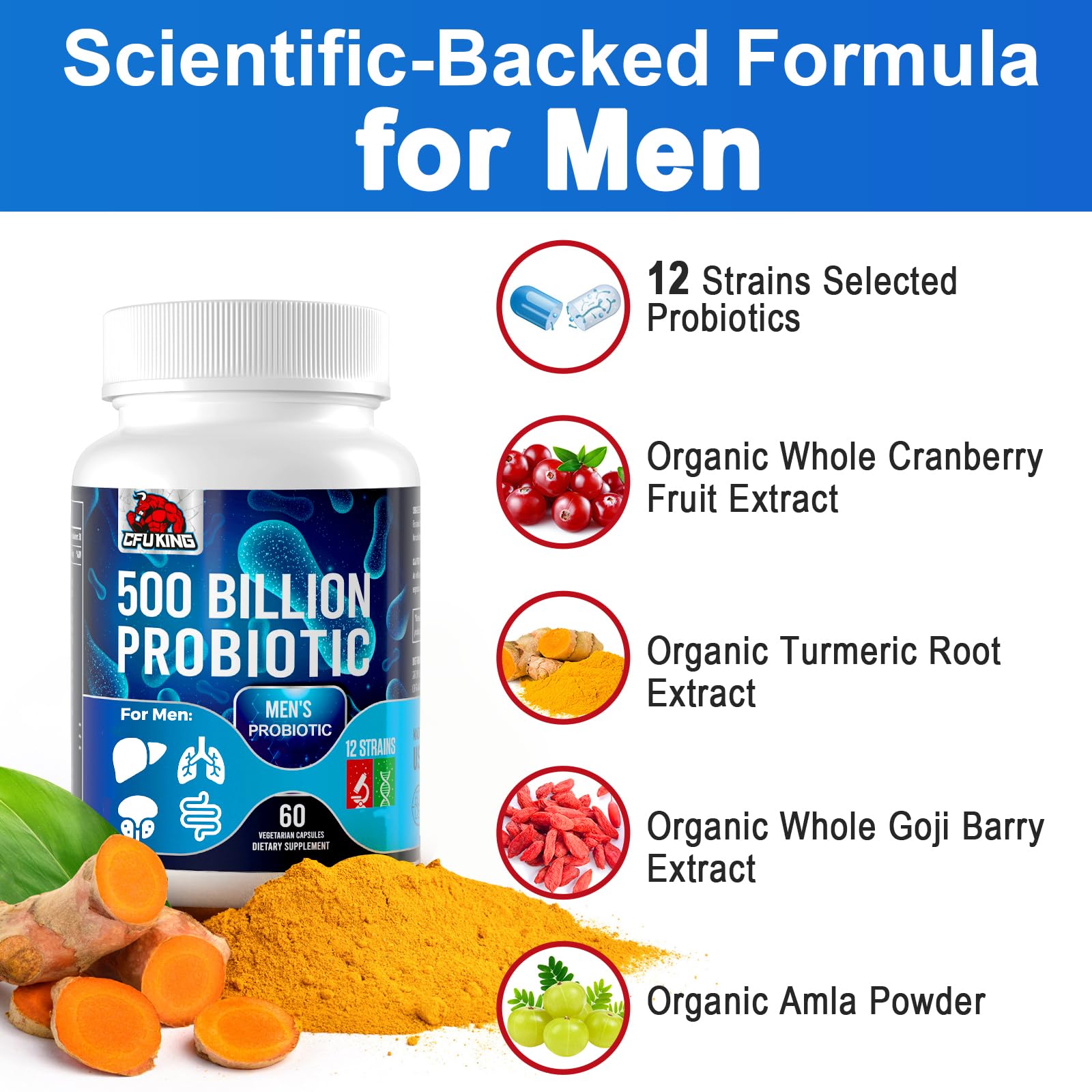Probiotics for Men, 500 Billion CFU & 12 Mens Probiotic for Digestive Health + 4 Organic Prebiotic Fiber, for Digestive, Gut, Immune Health, Bloating, Gas, Energy Support, Shelf Stable - 120 Capsules CFUKING uk supplements