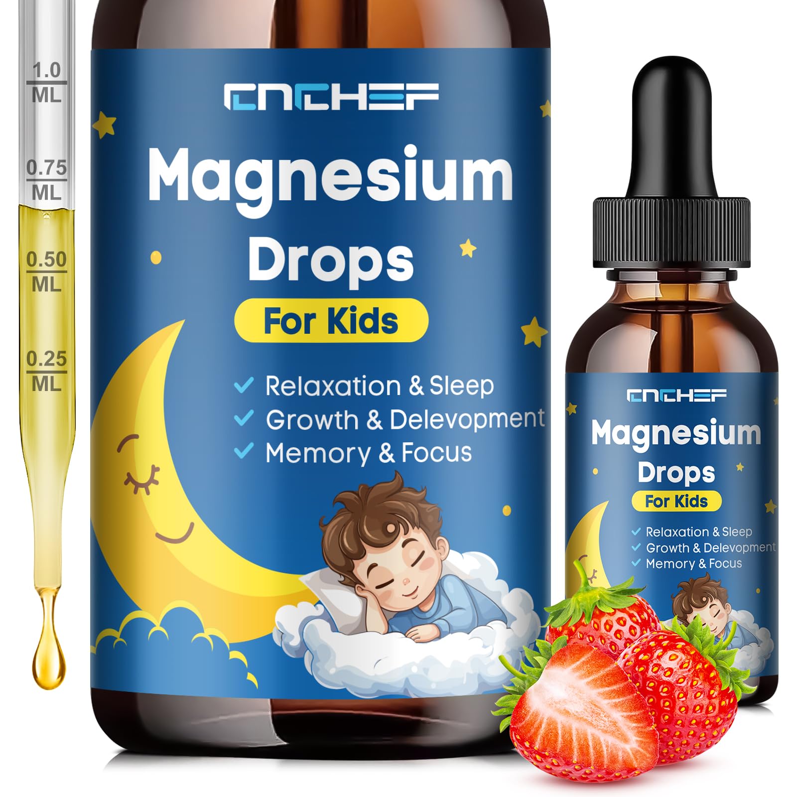 Magnesium Drops - Magnesium Glycinate Liquid Drops for Kids - Calm, Sleep, Relaxation, Bones, Brain Support with Vitamin B6, C, D3, Omega-3, L-Theanine, Zinc, Multivitamins - Strawberry Flavor 2 Fl Oz CNCHEF uk supplements