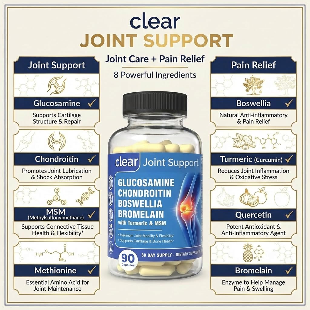 Clear Joint Support - 1500mg Glucosamine Chondroitin MSM - 8 in 1 Joint Health Supplement with Turmeric and Boswellia for Men & Women, Knee, Hip & Back Support, Made in USA, 90 Capsules Clear Probiotics uk supplements