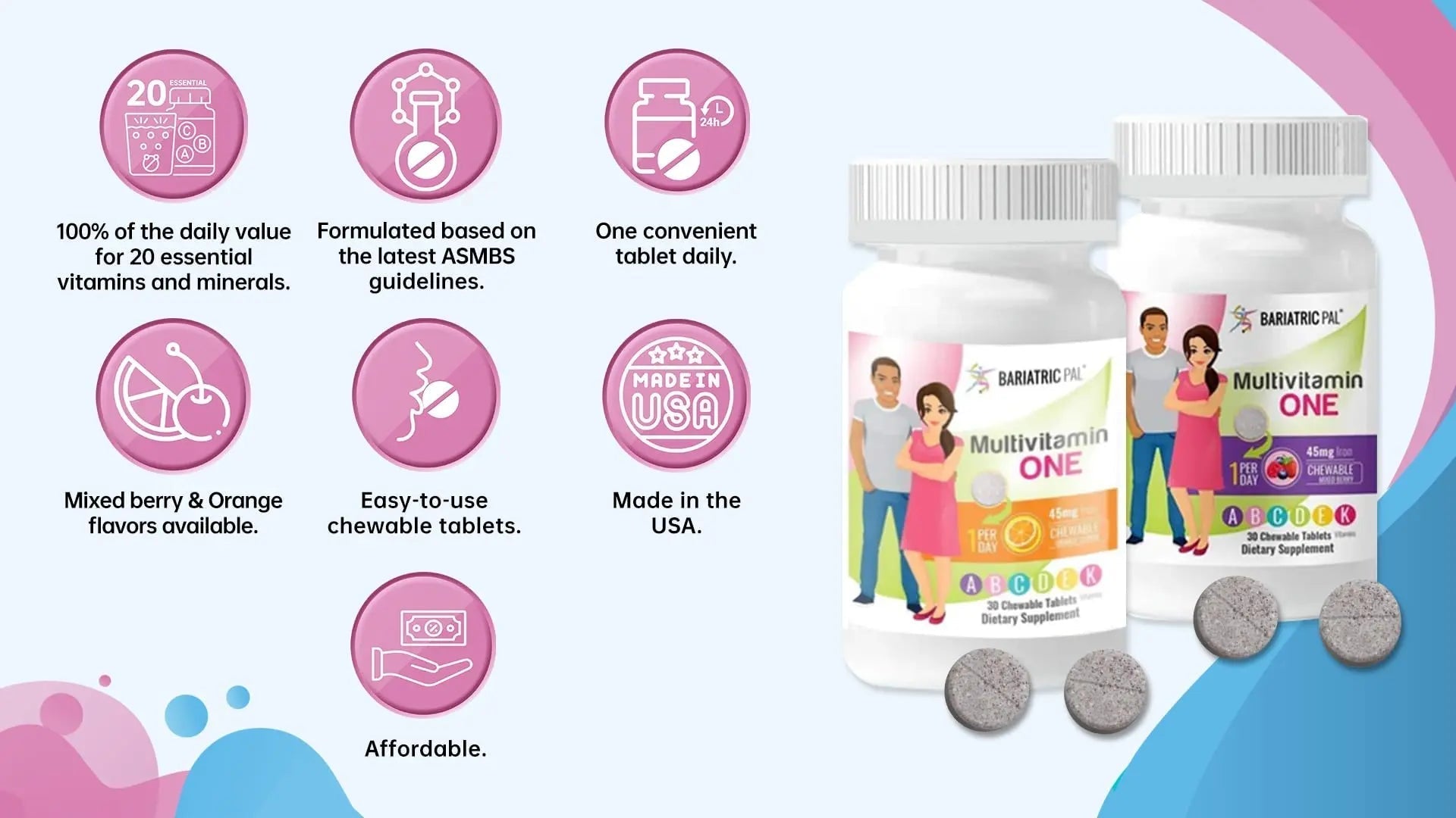BariatricPal Multivitamin ONE 1 per Day! Bariatric Multivitamin Chewable with 45mg Iron - Mixed Berry (30 Count) BariatricPal uk supplements
