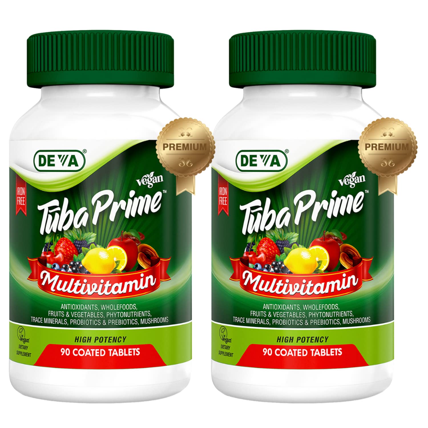 DEVA Tuba Prime Vegan Multivitamin Iron-Free High-Potency Vitamin & Mineral Dietary Supplement Antioxidants, Fruit & Veg Blend, Super Mushrooms, Probiotics, Prebiotics, Seeds, Herbs 90 Tabs 2-Pack DEVA uk supplements