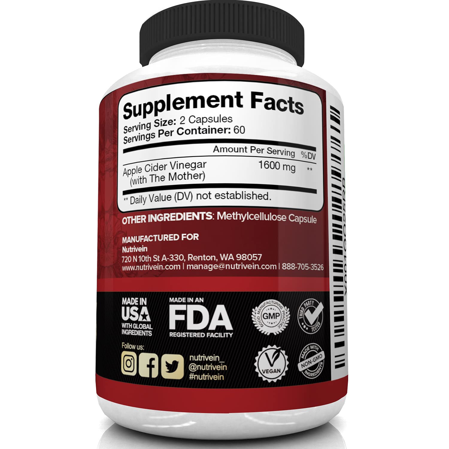 Nutrivein Apple Cider Vinegar Capsules with Mother - 1600mg - 120 Vegan Nutrivein uk supplements