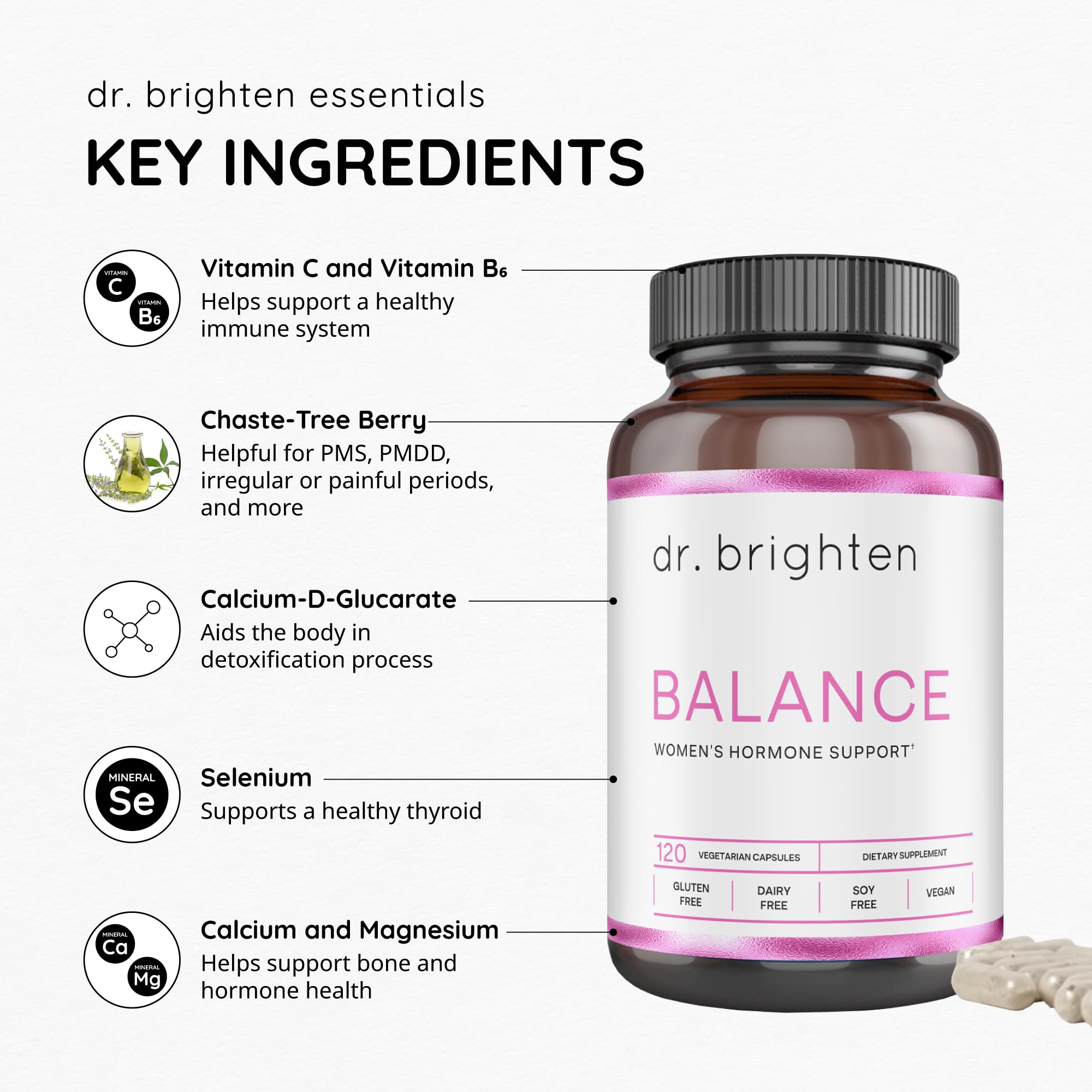 Dr. Brighten Balance - Hormone Balance for Women with Chasteberry and DIM - Targets Hormonal Acne, Period Issues, & PMS - Vegan, Non-GMO Dr. Brighten uk supplements