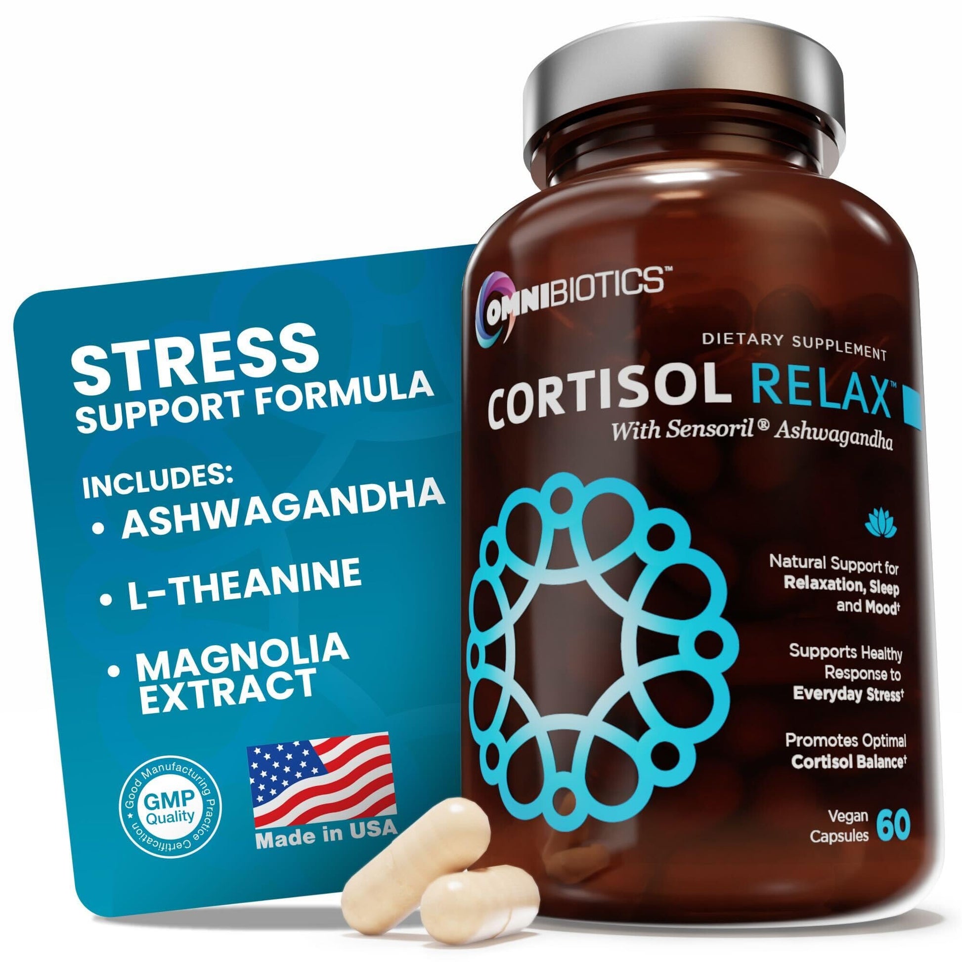 OmniBiotics Cortisol Supplement for Women and Men - High Cortisol Manager with Ashwagandha, L-Theanine, Magnolia Extract, Phosphatidylserine to Support Relaxation, Calm, Detox - 60 Vegan Capsules OmniBiotics uk supplements
