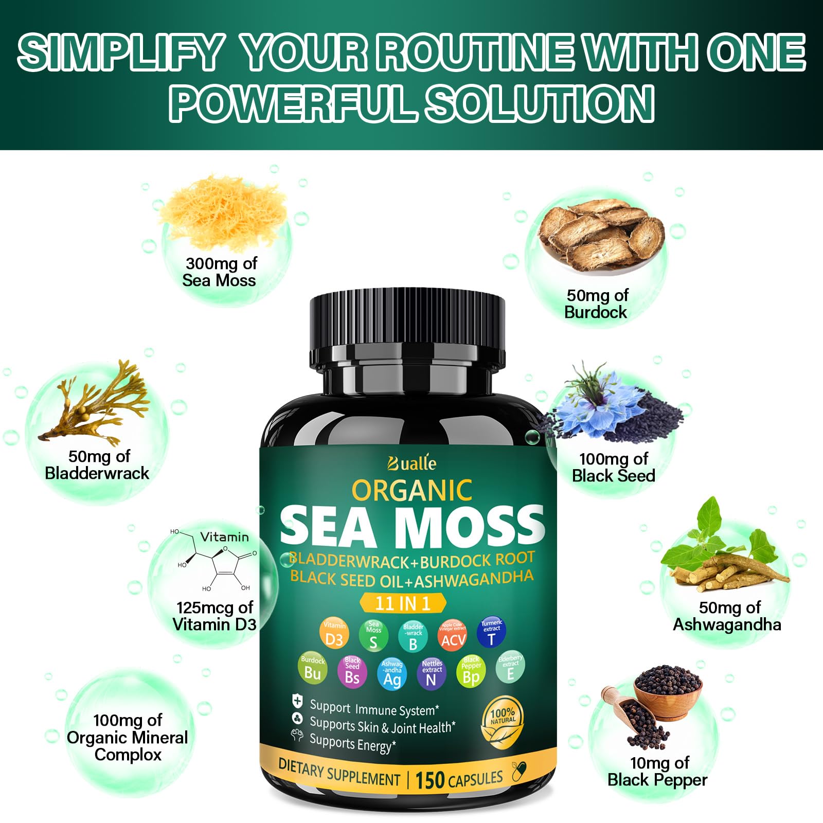 Bualle Irish Sea Moss Capsules – Organic Sea Moss, Black Seed Oil, Ashwagandha Supplements with Bladderwrack, Ginger & Burdock Root – Supports Daily Wellness, Skin & Energy – 150 Count (1 Pack) Bualle uk supplements